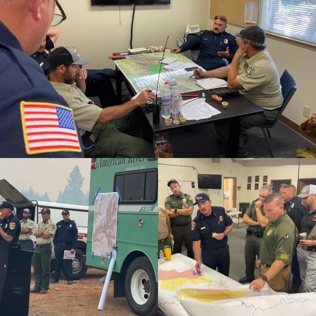 Tahoe NF Incident Commander and Operations Section Chief with Incident Commander from CAL FIRE, Foresthill Fire Protection District, and Placer County Sheriff’s Office working together in Unified Command to protect the communities