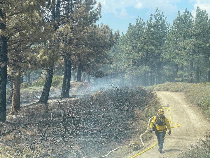 Firefighter walking along containment line