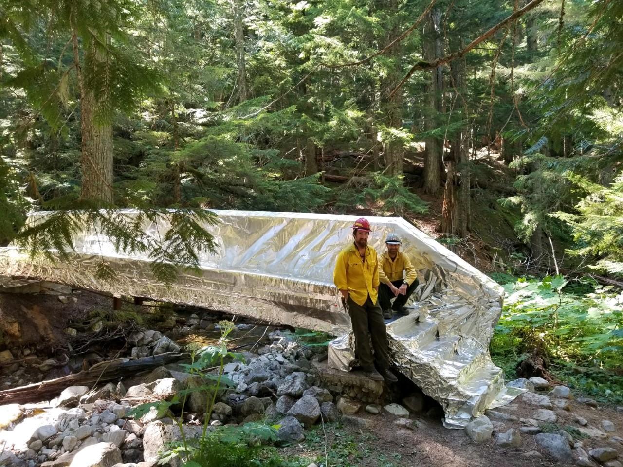 Local Cabinet Ranger District employees and firefighters wrap the bridge on the St. Paul Trail #646 with heat resistant material on 9.5.2022