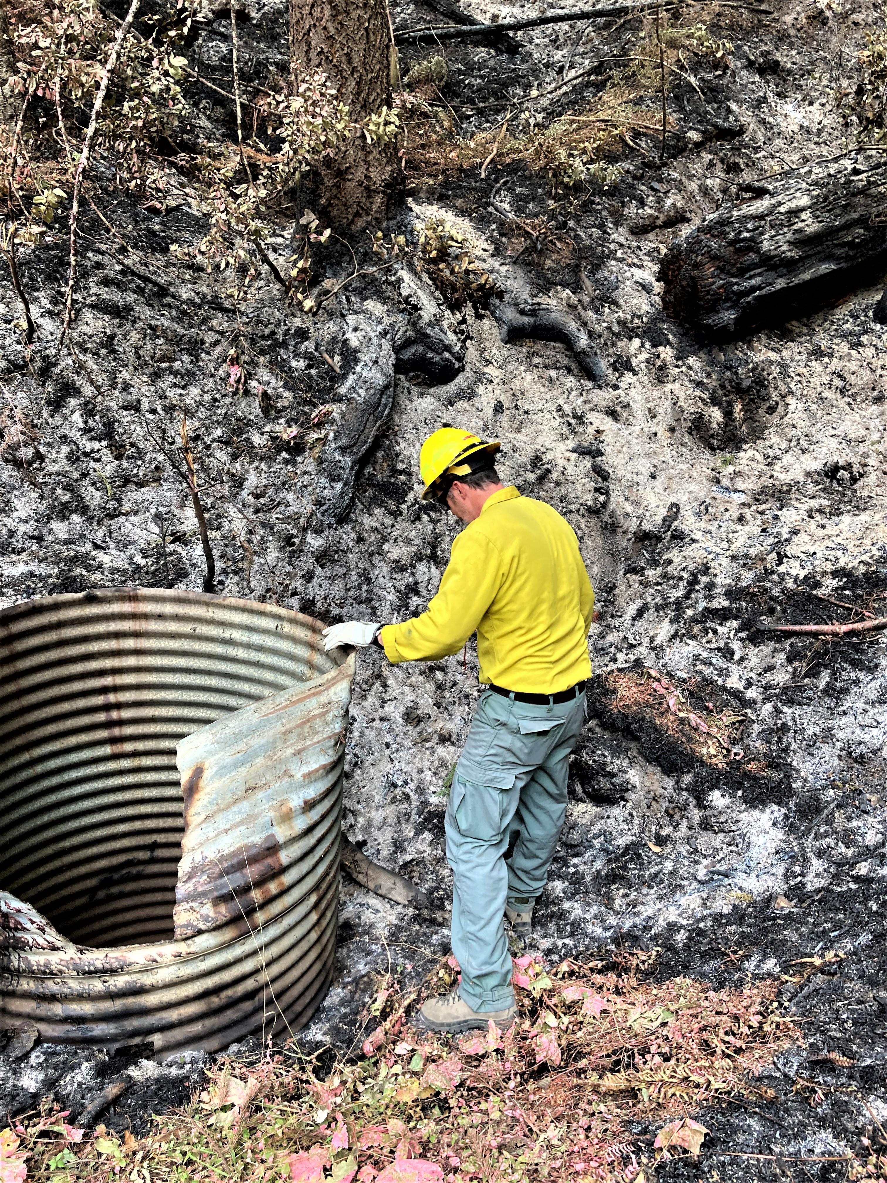 Image showing BAER Hydrologist Assessing Road Drainage Structure in Campbell Fire