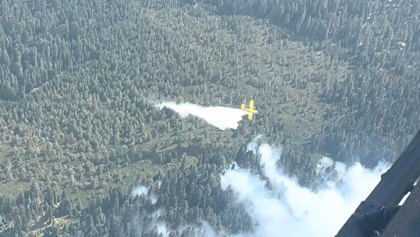 A yellow plane is dropping water onto a smoky forest.