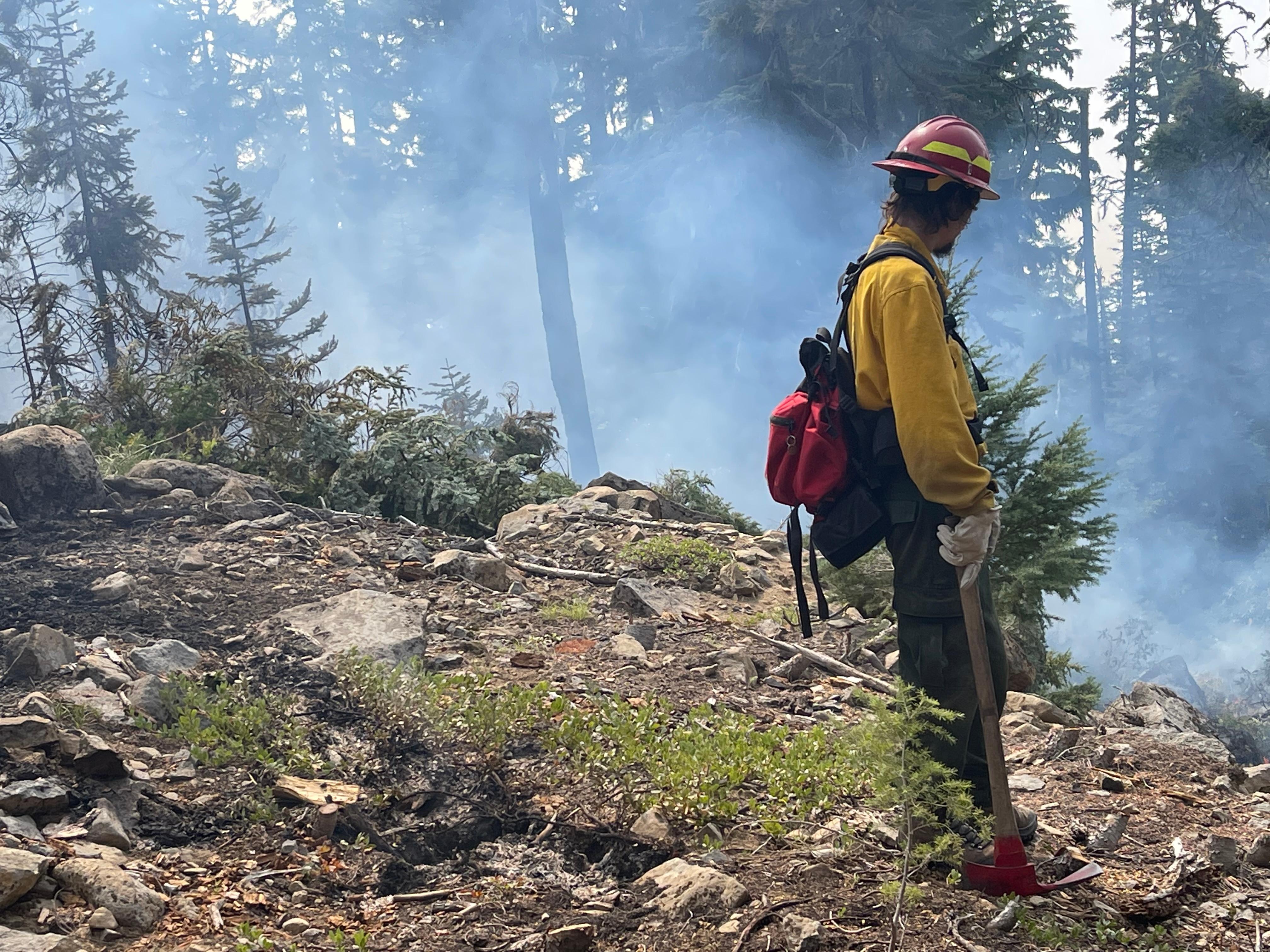 A firefighter wearing wildland firefighting gear looks down on a smoky area in front of him. He is in the forest.