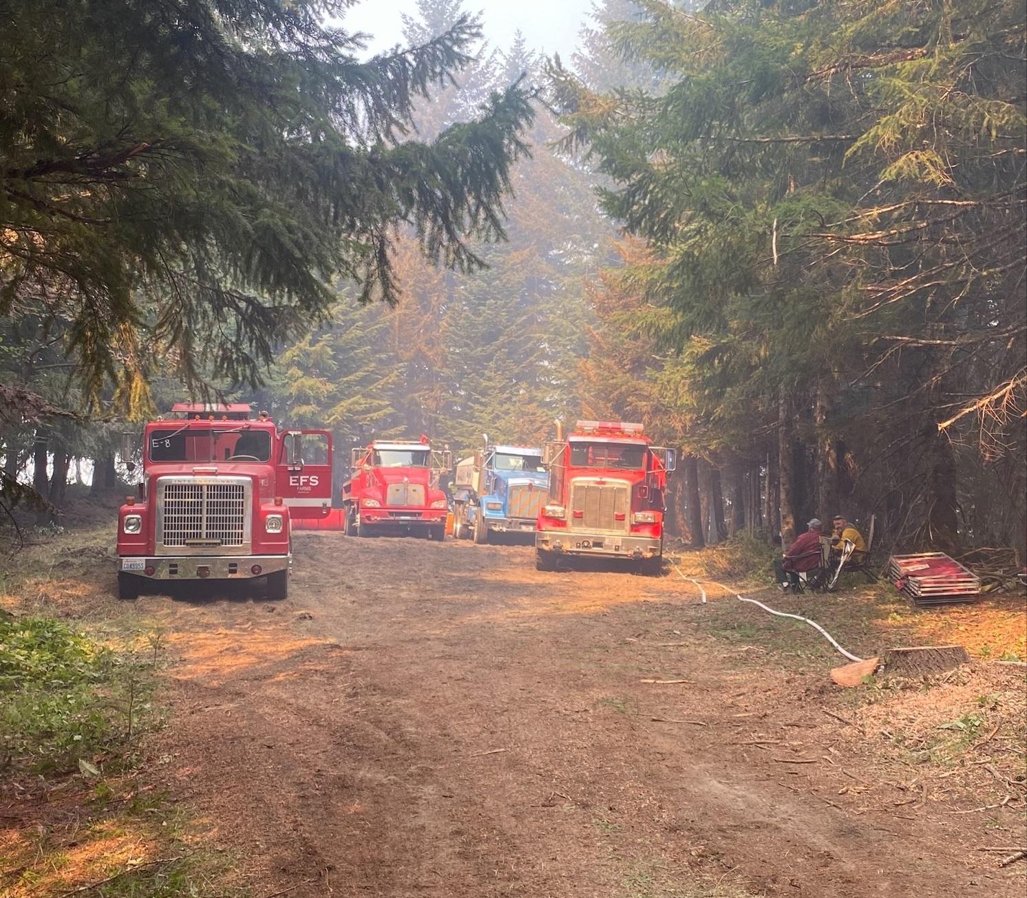large fire engines on a unpved forest road on a cool foggy and smoky morning ni a forested area.