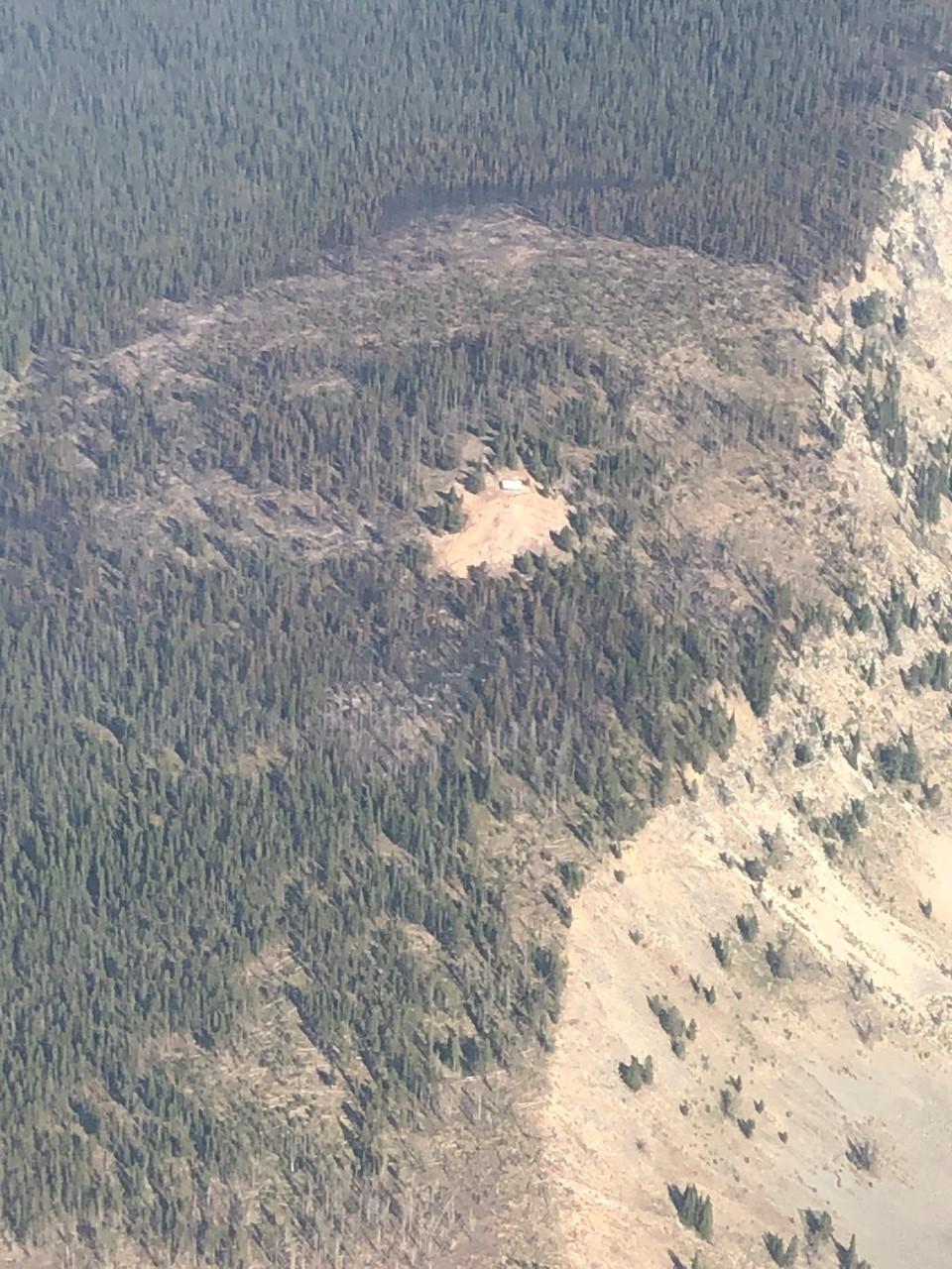 The photo shows an aerial image of a forested area with a clearing in the middle. There is a beige rocky outcropping in the middle of the photo with a small, reflective structure on it.