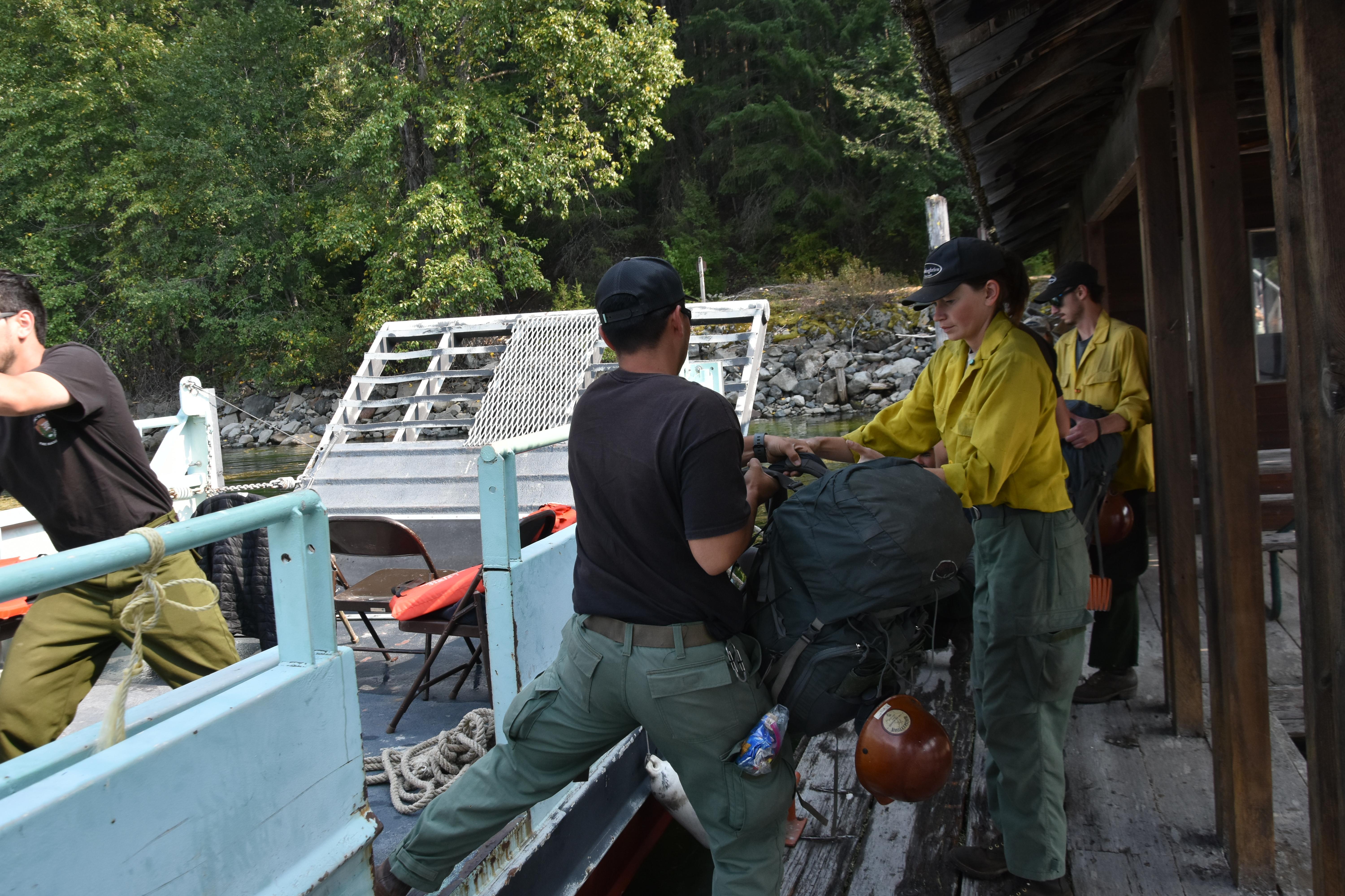 Whiskeytown and Hawaii Volcanoes Wildland Fire Modules arrive at Hozomeen to initiate structure protection assessment of on-site buildings.