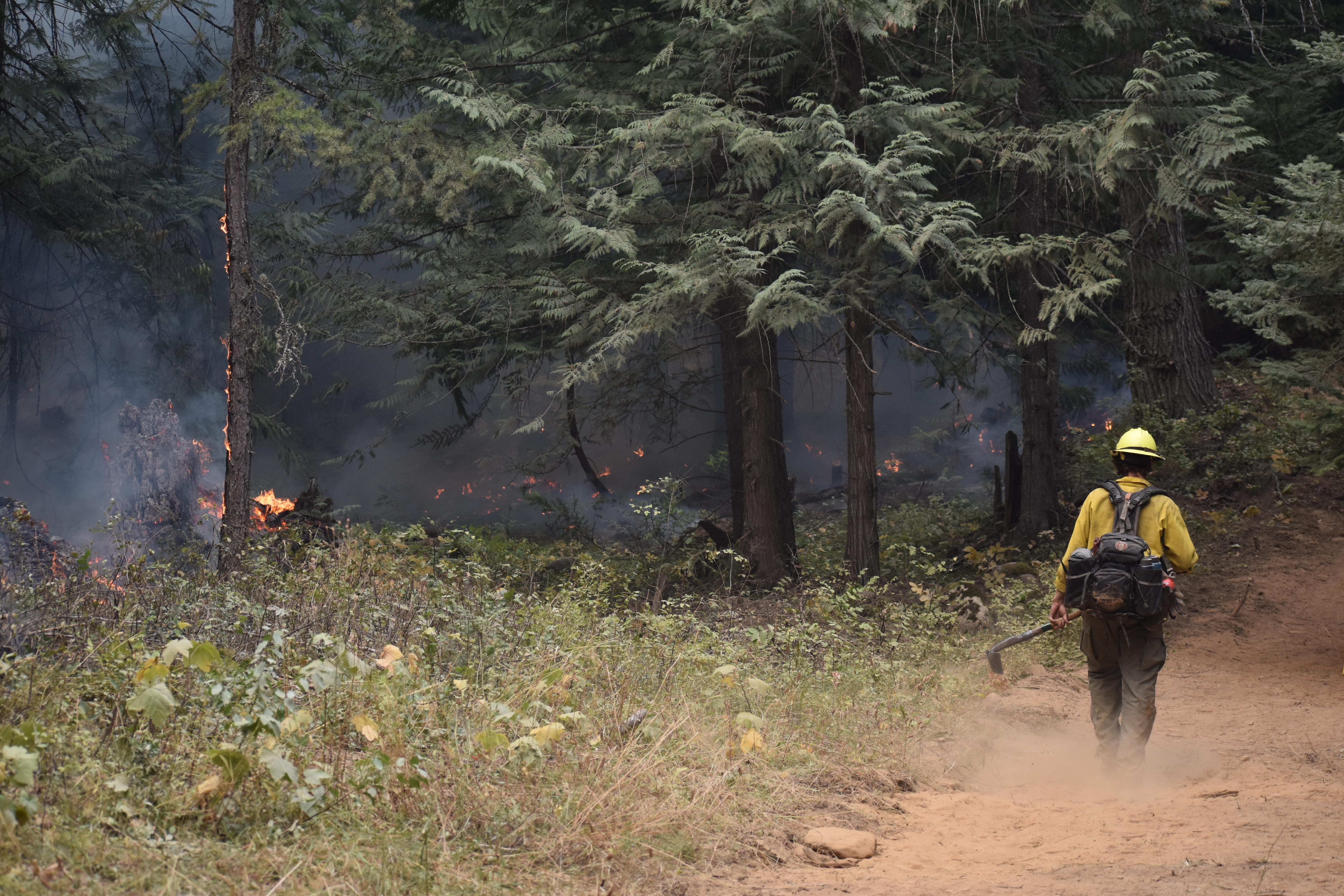 Firefighter hiking up the dozer line - Sept. 12, 2022. Firefighter has pack on and carrying fire tool . Surface fire on the edge of dozer line. 