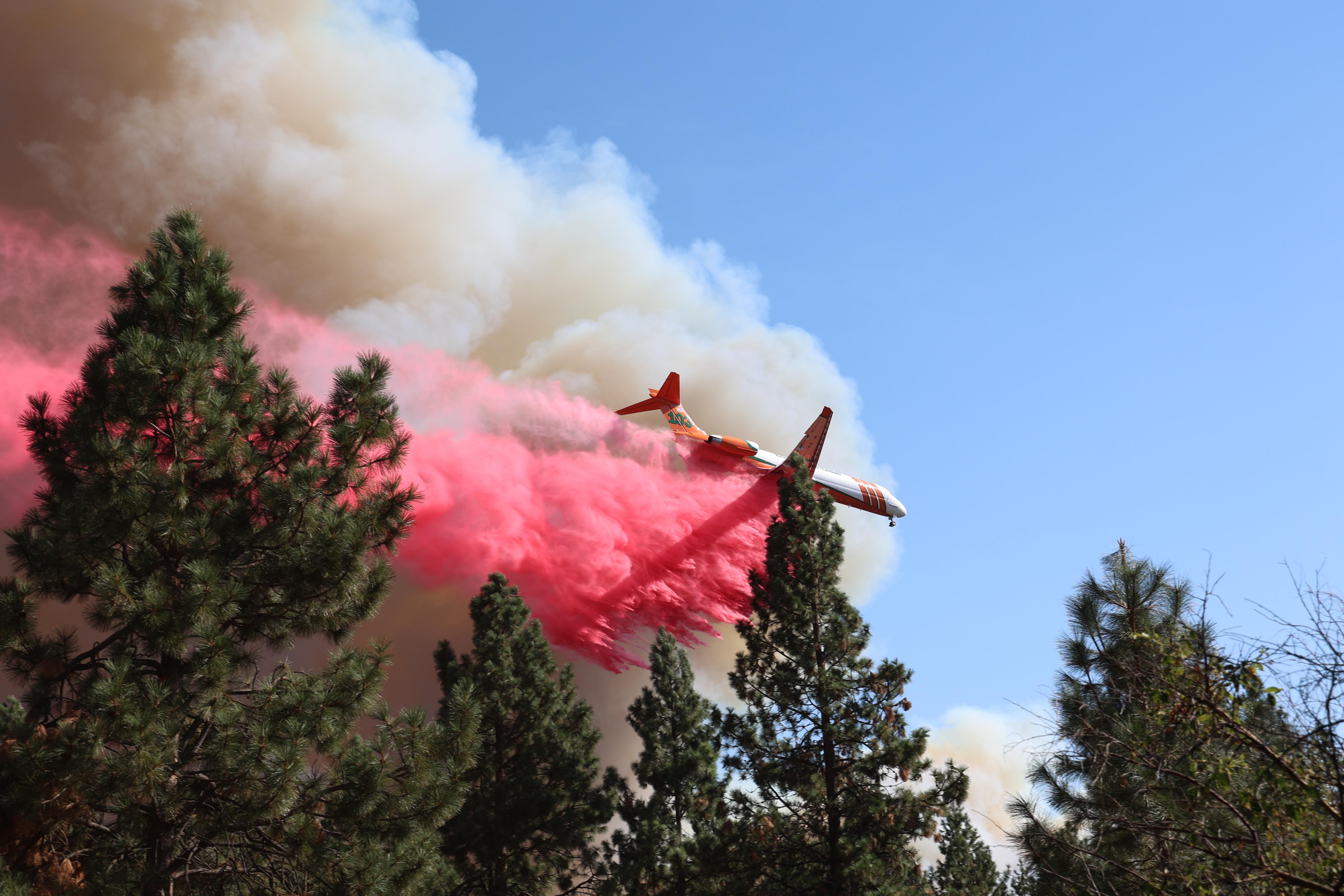 an air tanker flies at the edge of thick smoke against blue sky and pink retardant is streaming out of the underside of the plane onto tall, dense coniferous trees