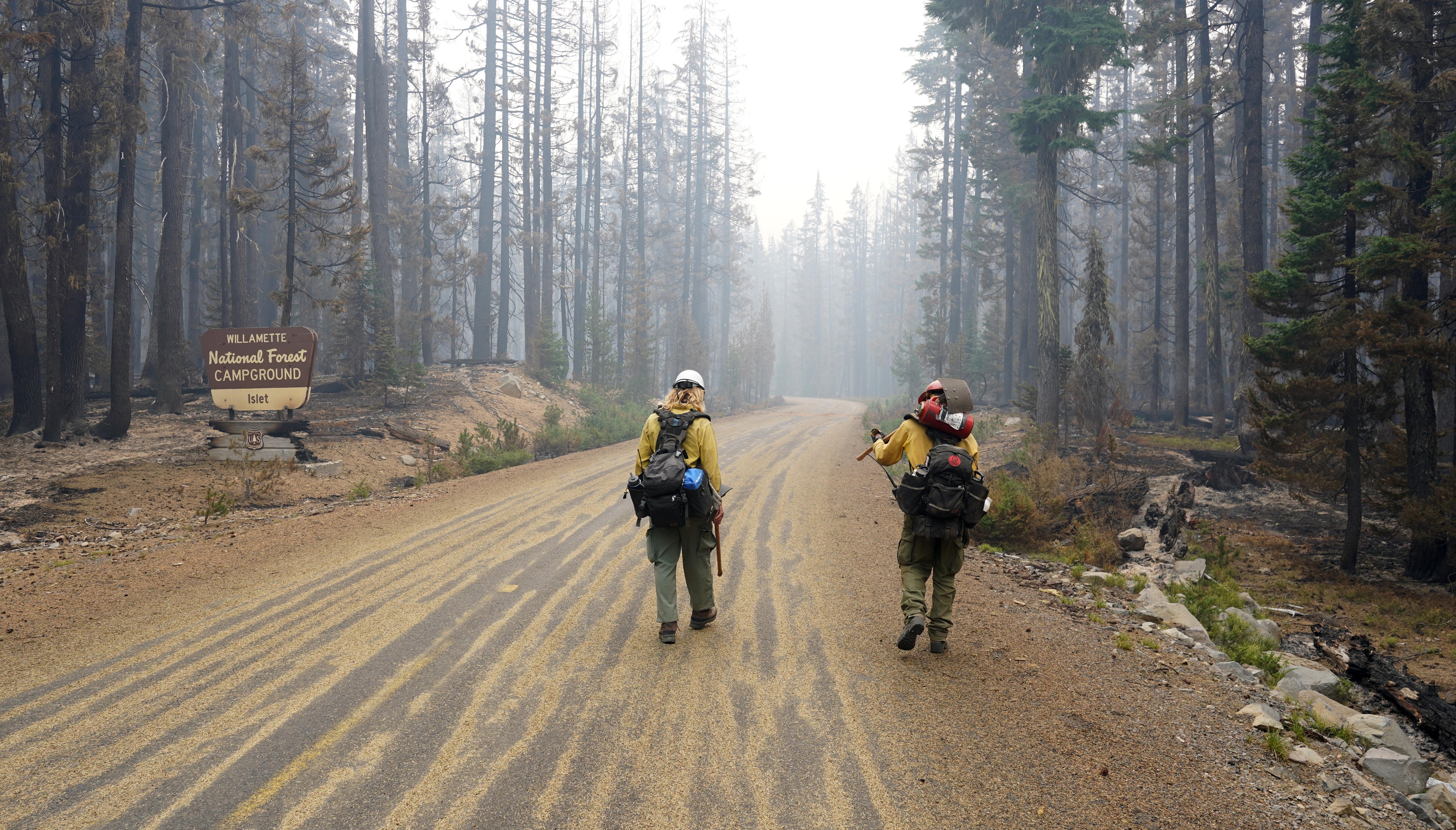 Two firefighters in personal protective equipment walk along a road lines with trees.  A sign on the left reads, Willamette National Forest  Campground, Islet.  Smoke hangs in the air through the trees and further down the road in front of them.