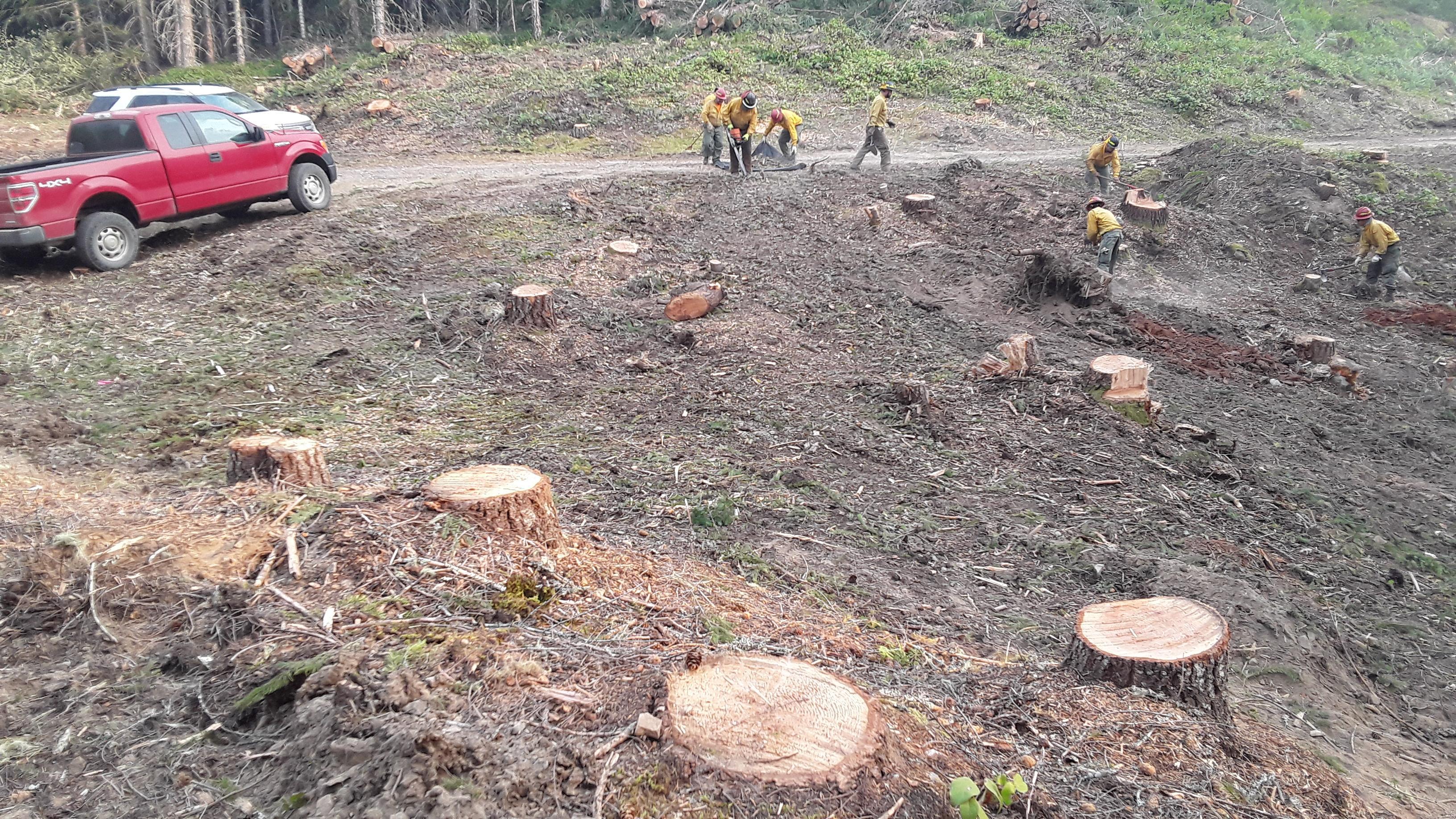 Firefighters clear an area for a helicopter landing area. The landing will be use in case of emergencies and assistance from a helicopter is needed.