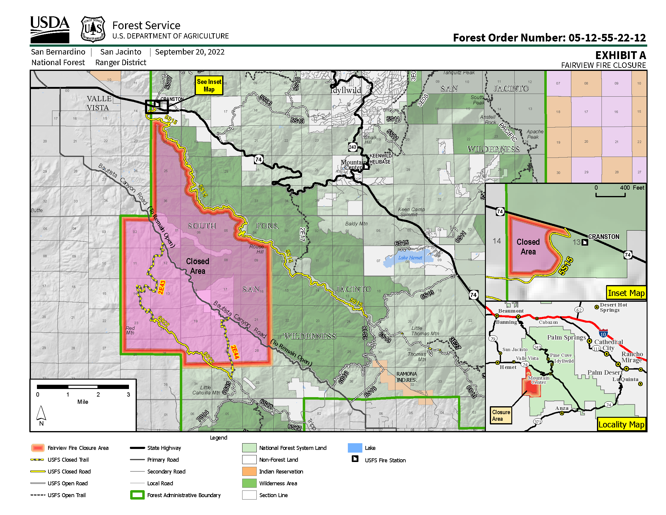 Fairview Fire Closure Map Forest Order # 05-12-55-22-12 Exhibit A