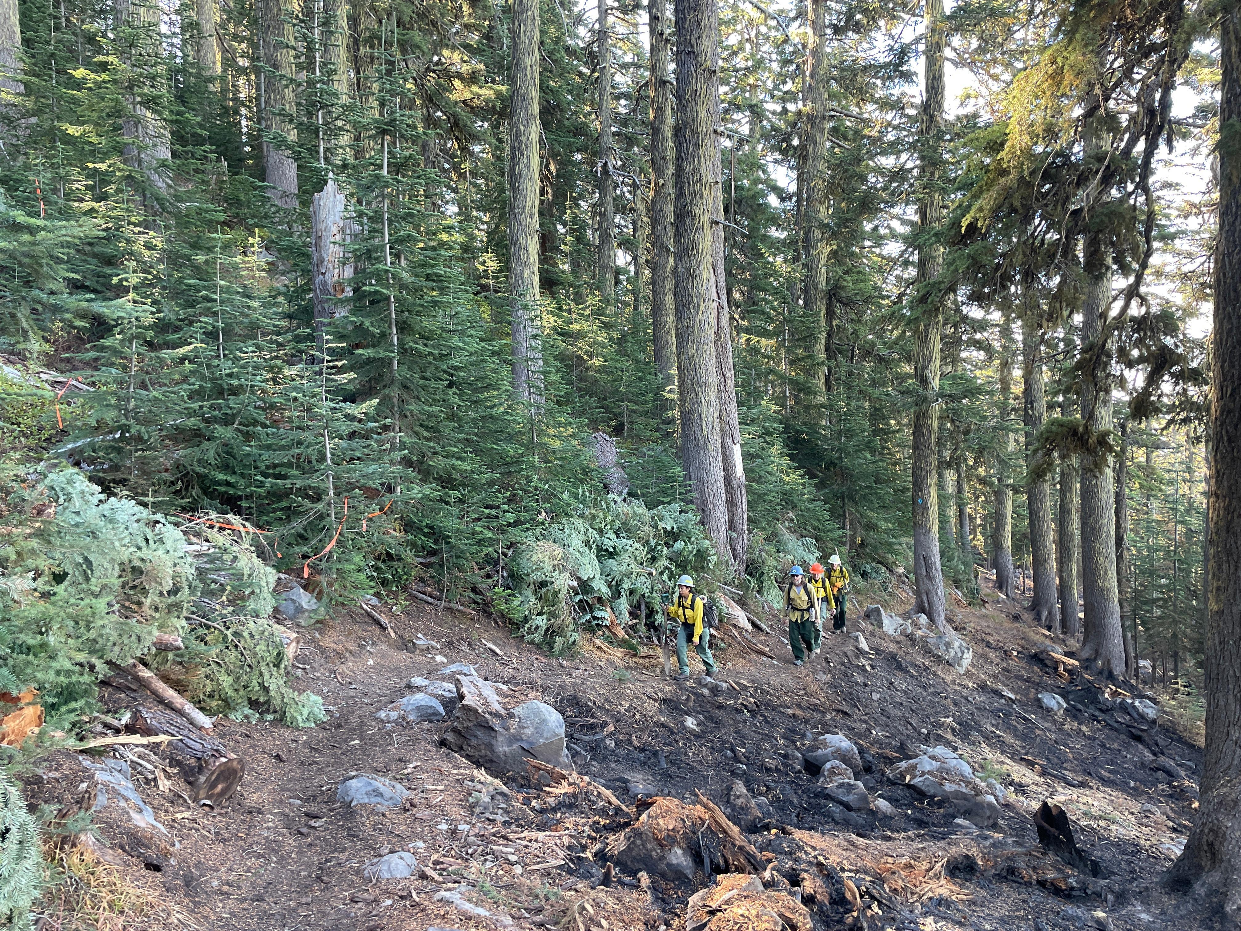 Cedar Creek BAER team members hike through areas along the edge of the Cedar Creek Fire to verify soil burn severity and identify emergency risks and imminent threats to critical values.