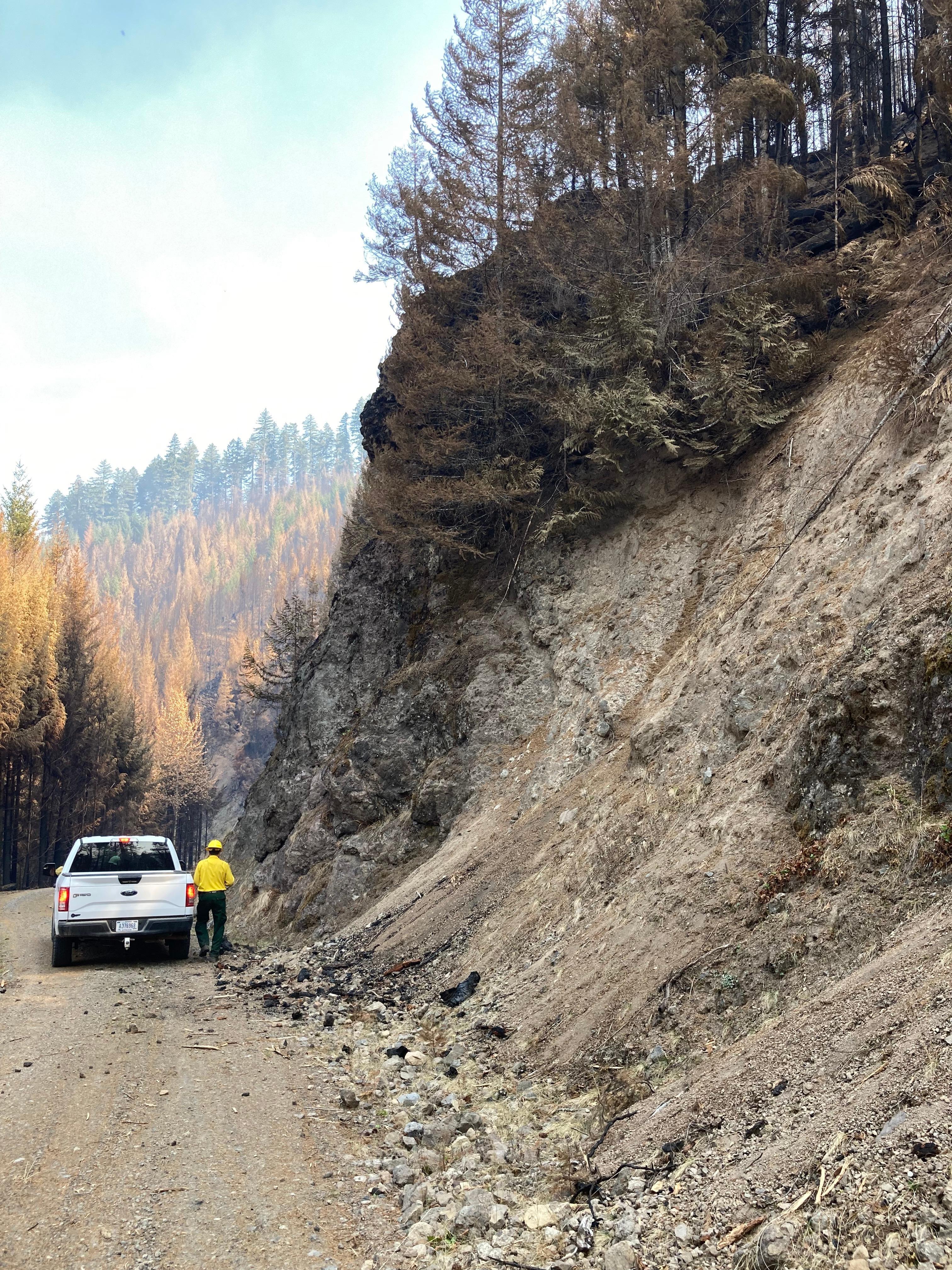The Cedar Creek Fire BAER (Burned Area Emergency Response) Team geologist has been evaluating rockfall hazards around the fire area. 
