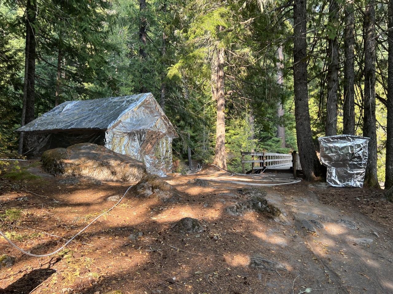 Two structures in the forest are covered with fire-resistant wrap. Hoses are on the ground around them, to provide water in case the fire reaches this area.