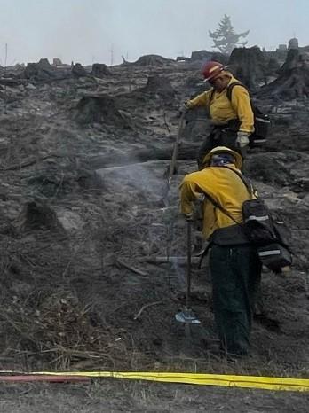 Firefighters use hand tools to snuff out the 8 Road Fire's hot spots in a fire-blackened landscape. 