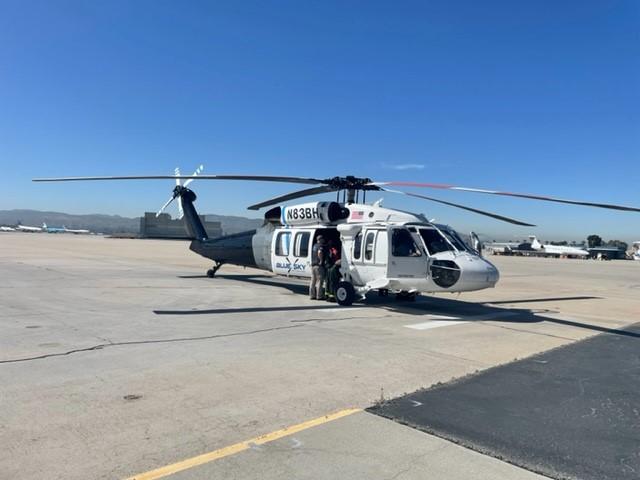 Helicopter waiting on tarmac at Tanker Base in San Bernardino