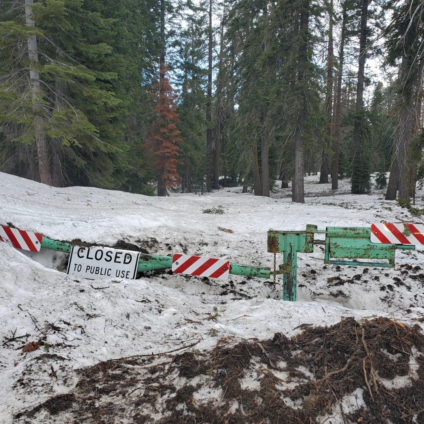 Deep snow blocks the gate to Big Meadow Campground on the Hume Lake District in Late May 2023.