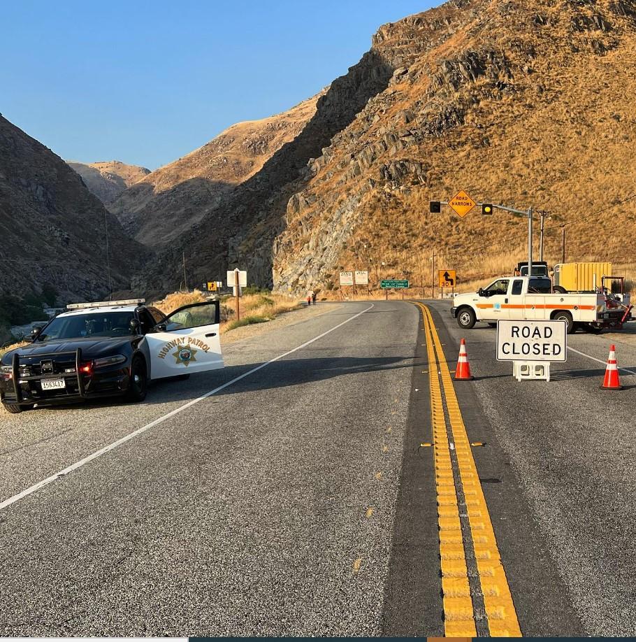 California Highway Patrol vehicles staff a closure point on Hwy 178.