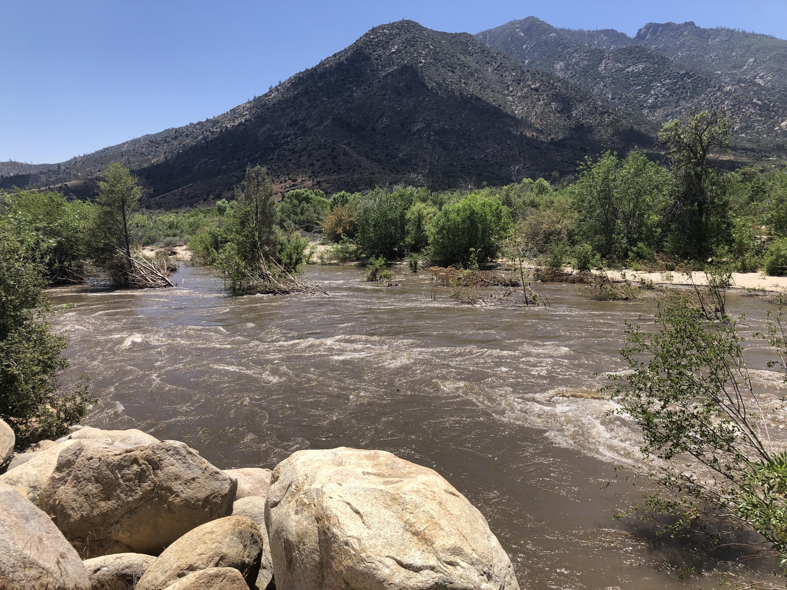 The Kern River is flooding over its riverbanks.  Green hills and trees in the background.