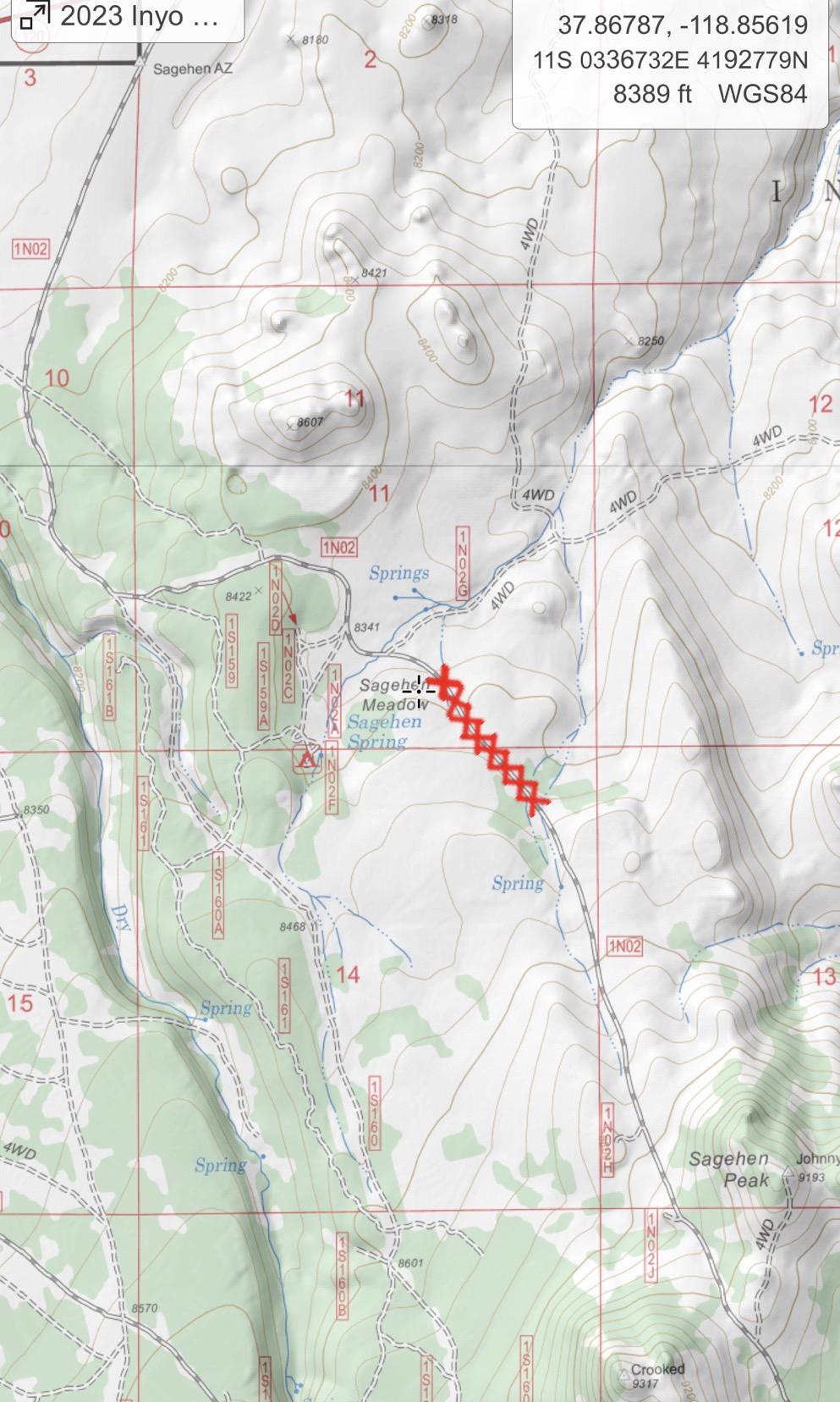 Image of Map showing location of Big Washout on FS Road 1N02 near Sagehen Meadow