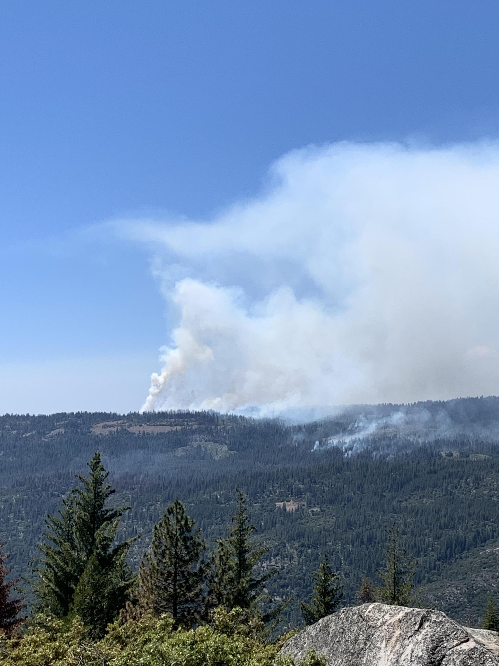 6/20/2023 Dry Meadow prescribed fire smoke column from Beardsley Lake Vista Point. Burning units DM81, DM77 and DM 74.