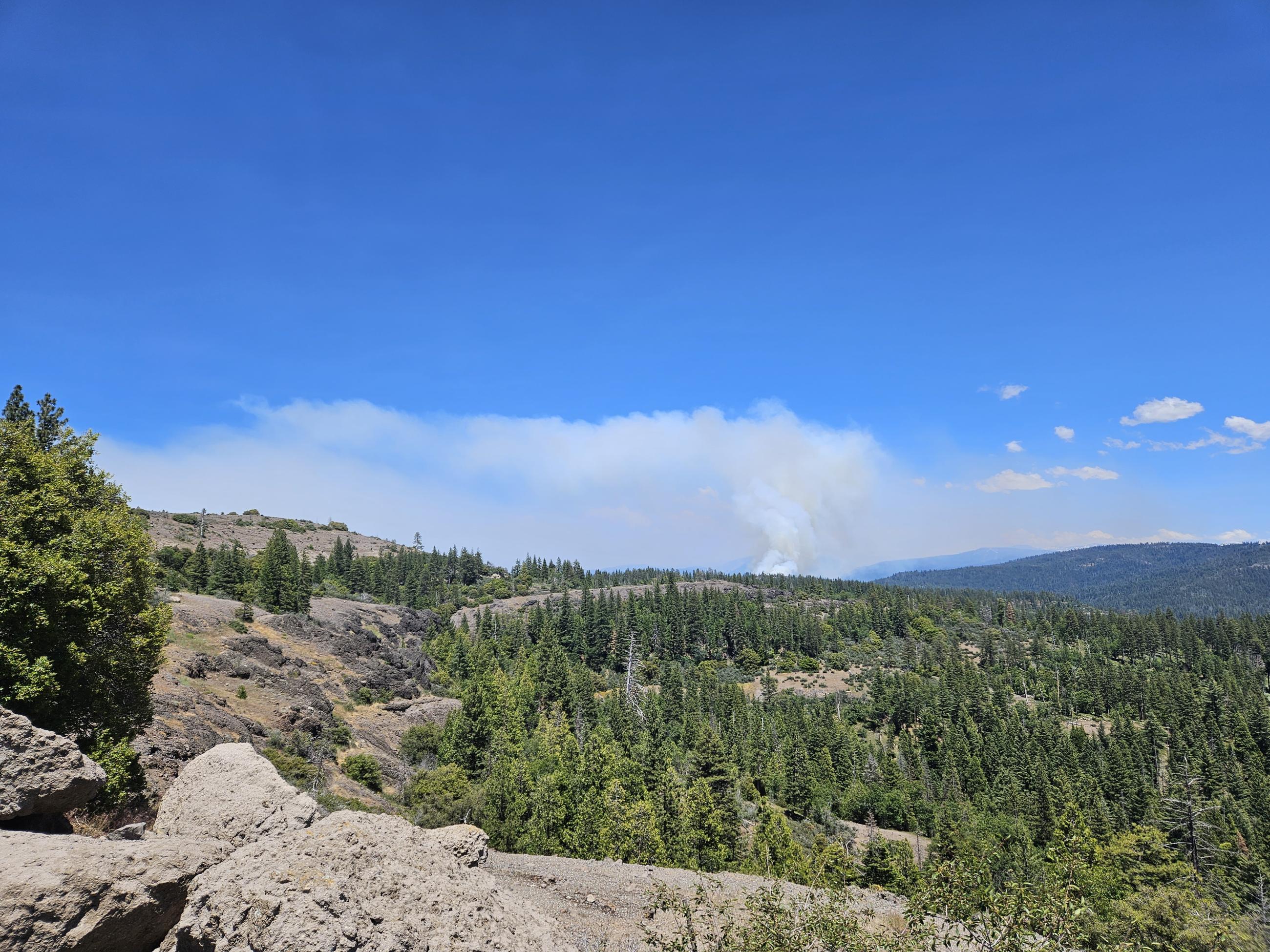 6/21/23 Strawberry Prescribed Burn smoke column seen from Highway 108 near Little Swedin