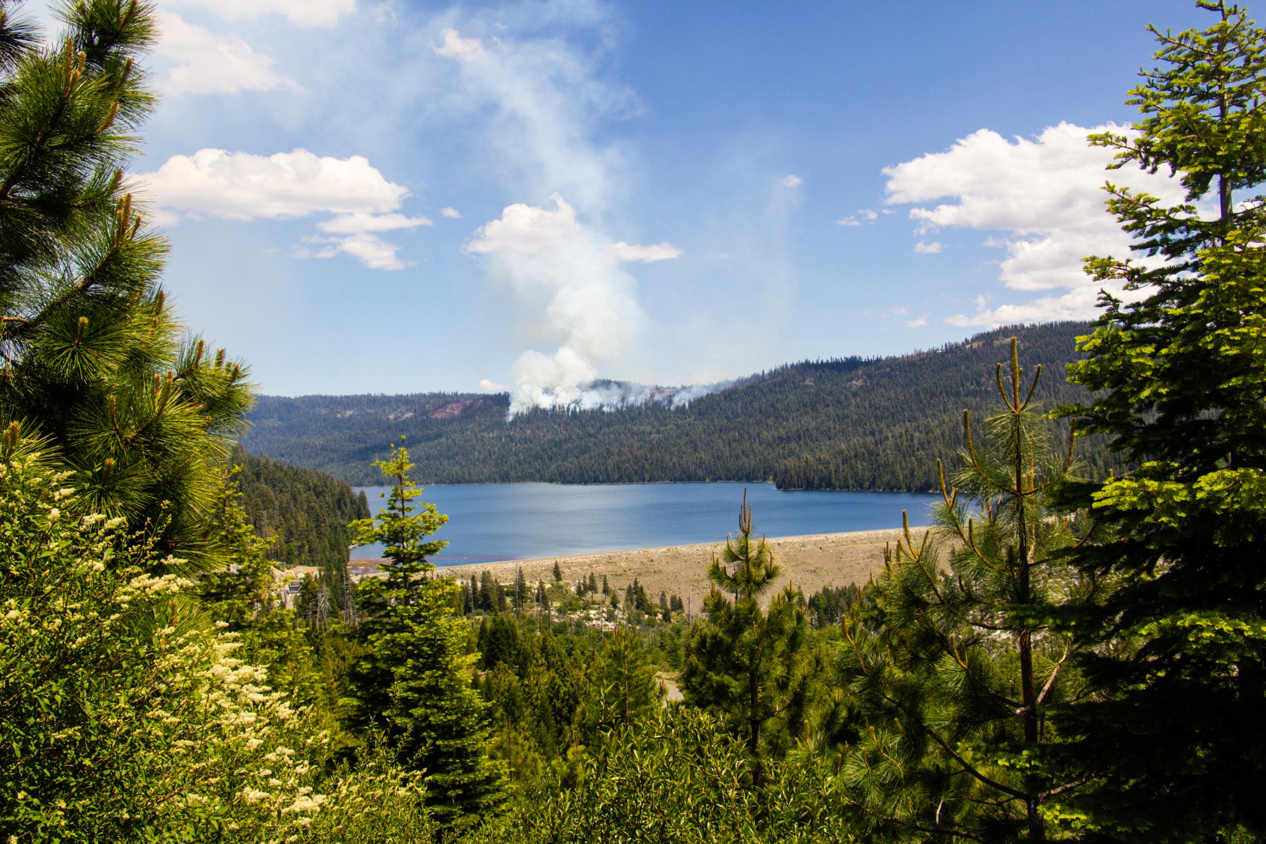 View of French Meadows Reservoir and prescribed fire between trees.