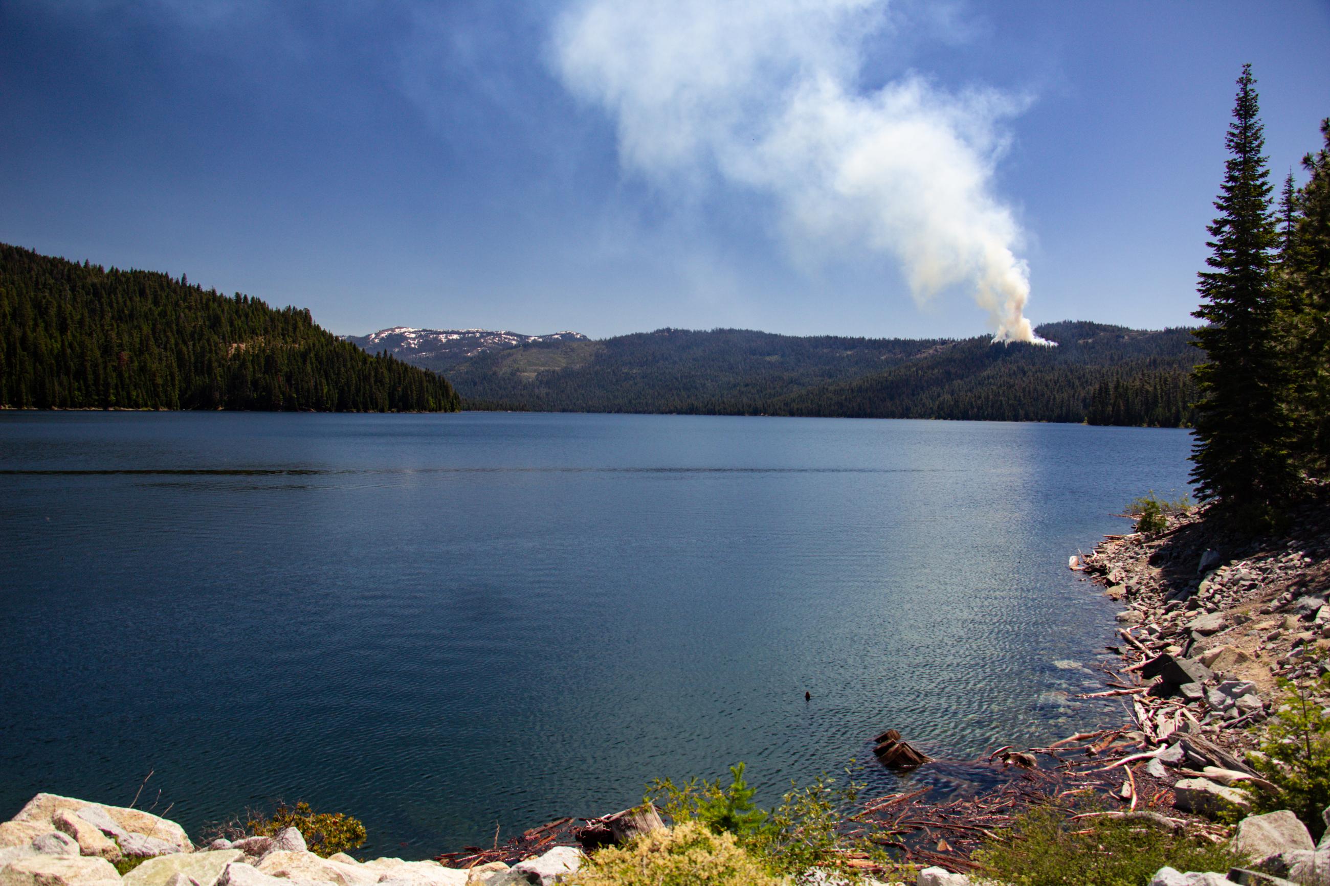 View of prescribed burn on hillside near French Meadows Reservoir. 