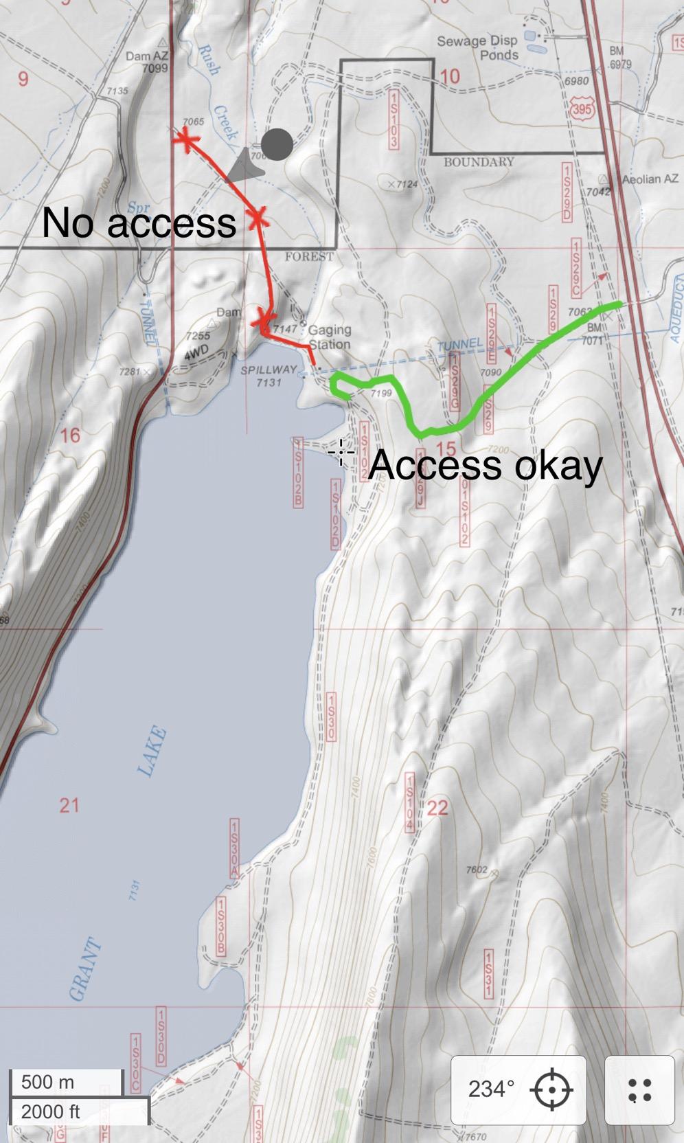 Image of a map showing where there currently is no access to the eastside of Grant Lake 