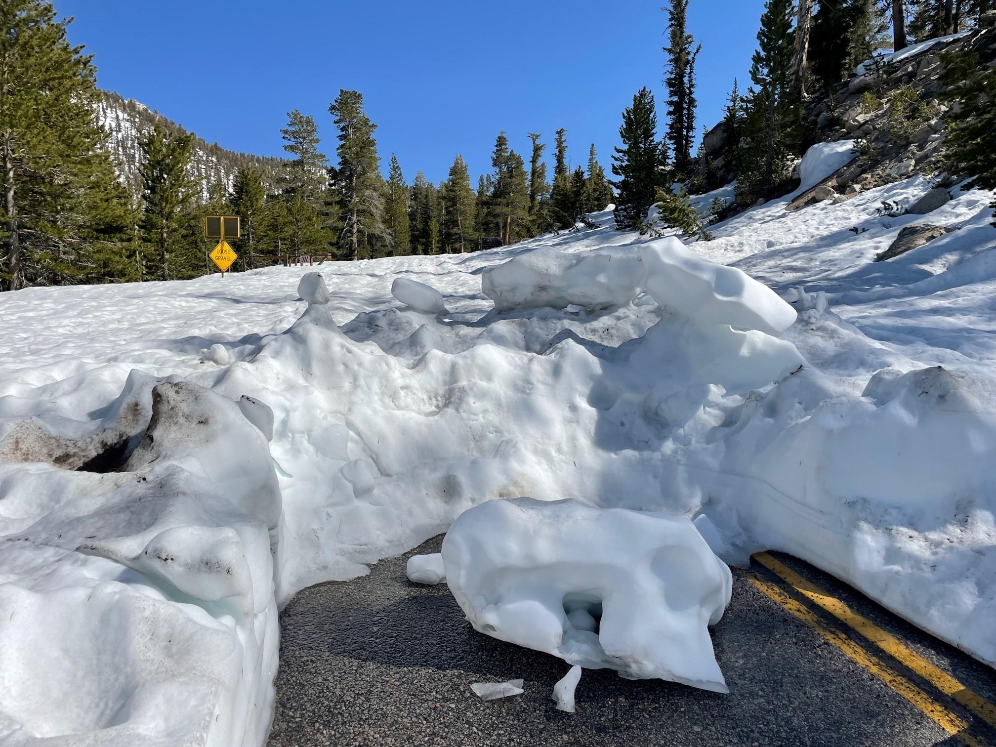 Image taken May 29 of closed road to Horseshoe Meadows (Cottonwood Lakes/Pass Access) at Forest Service gate at 9,800 ft. There is 4 feet of snow coverage and is close to the campgrounds. The road is still closed by the county.