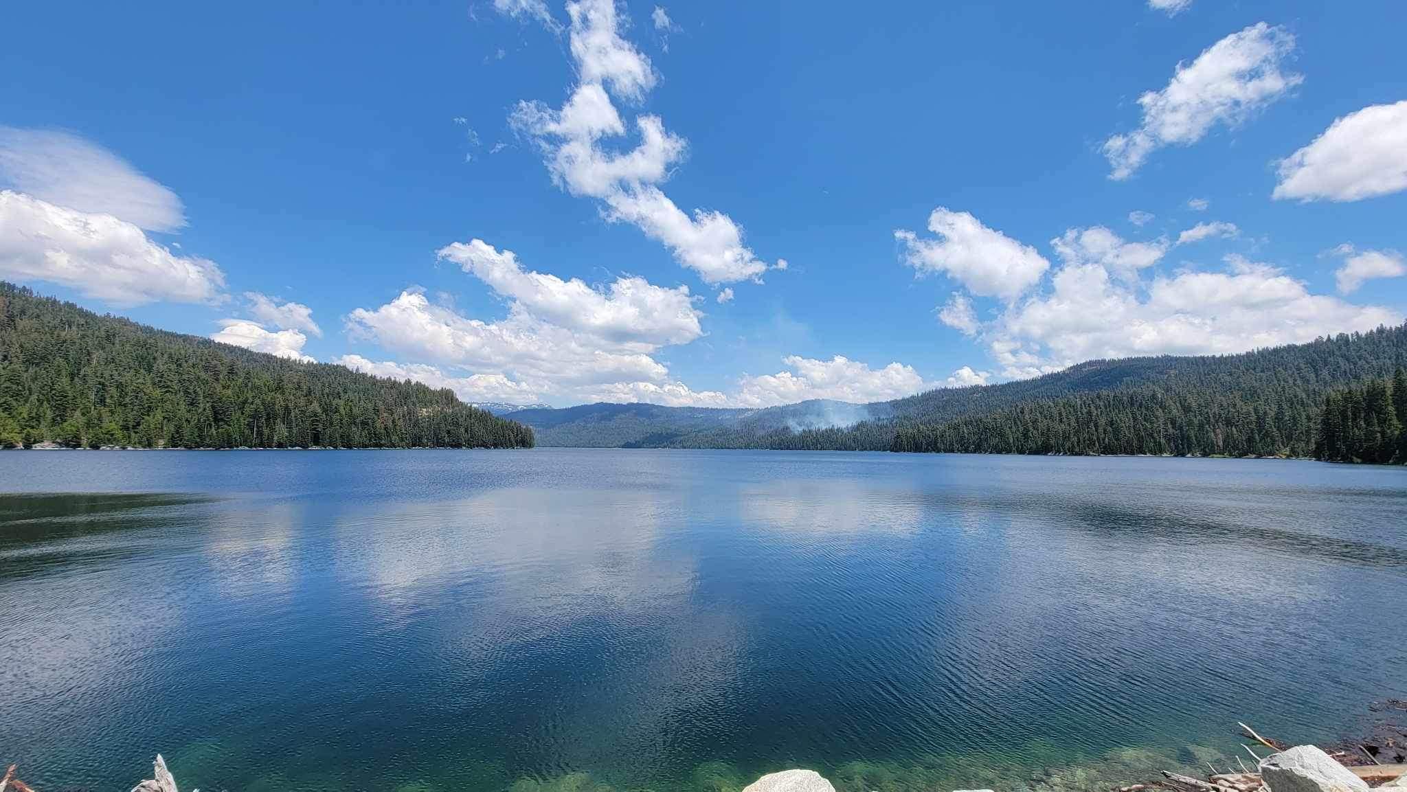 view of lake and RX fire from French Meadows Dam