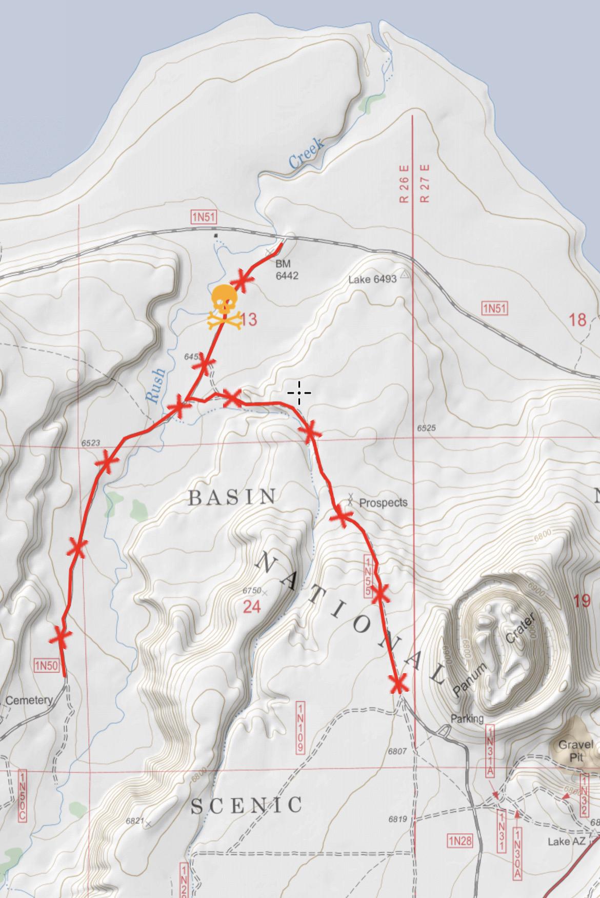 Map image showing location of major washout on Rush Creek Road