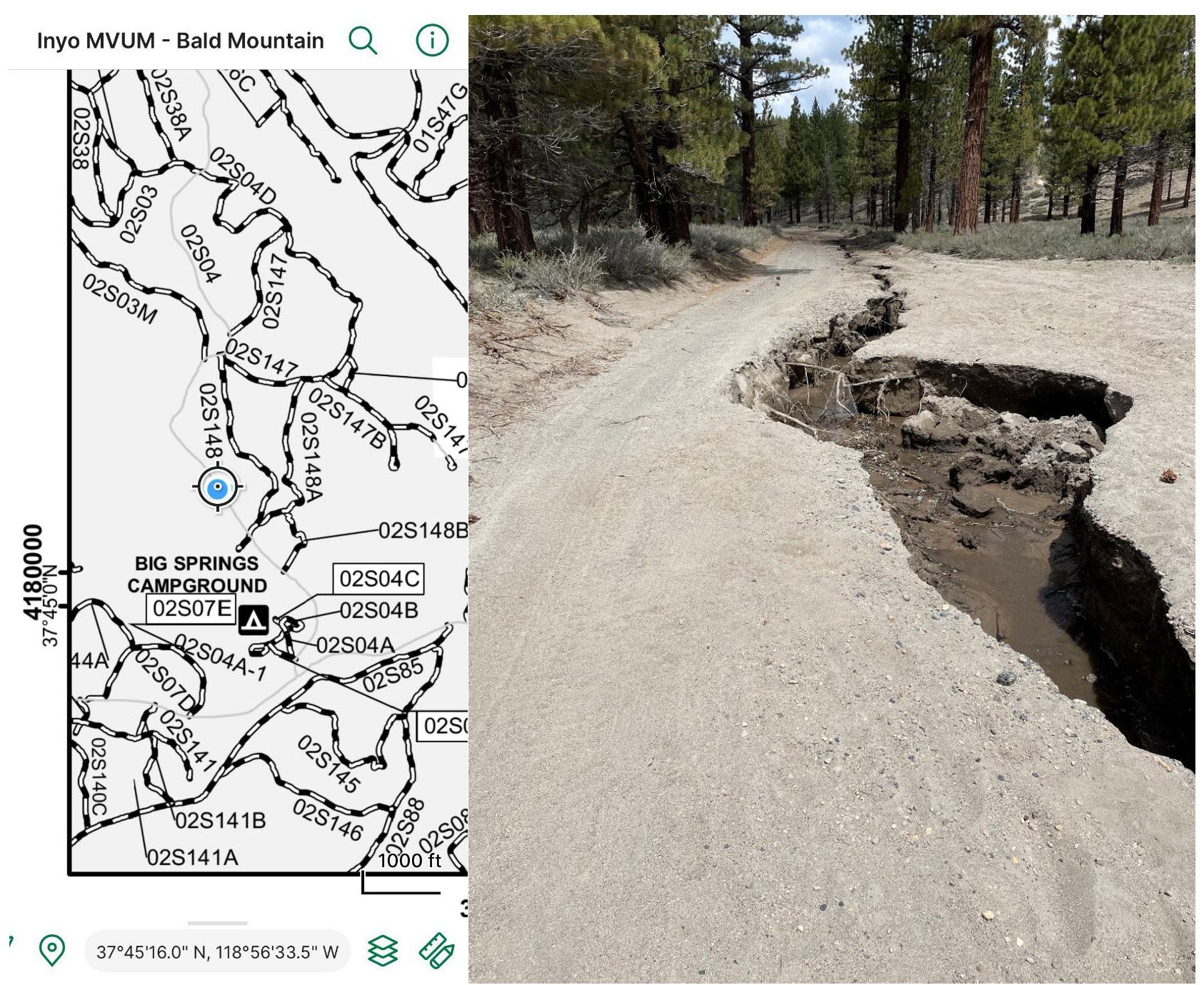 Images showing location map and big washout from snowmelt flooding of Forest Service 2S04 Road located behind Big Springs