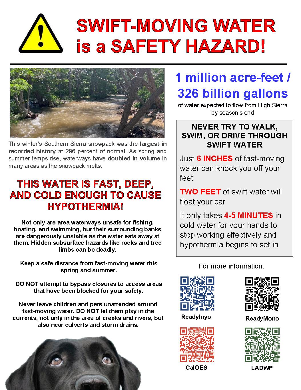 In color image showing a public service announcement flyer describing the hazards associated with swift cold moving water.