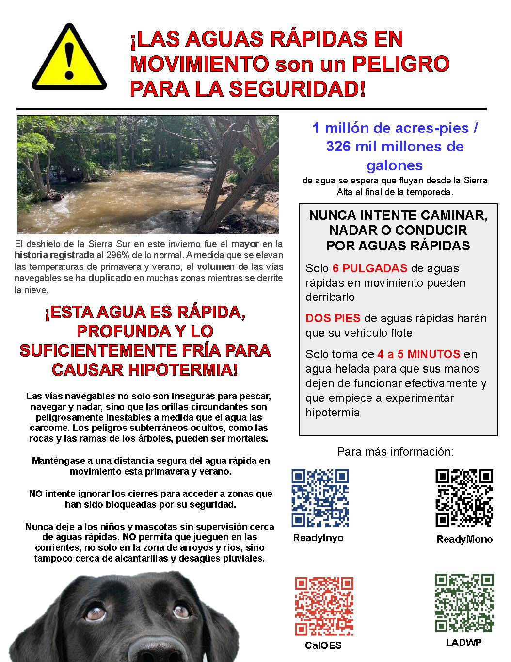 Image of alert flyer in Spanish warning and caution when near cold swift water streams, creeks, rivers