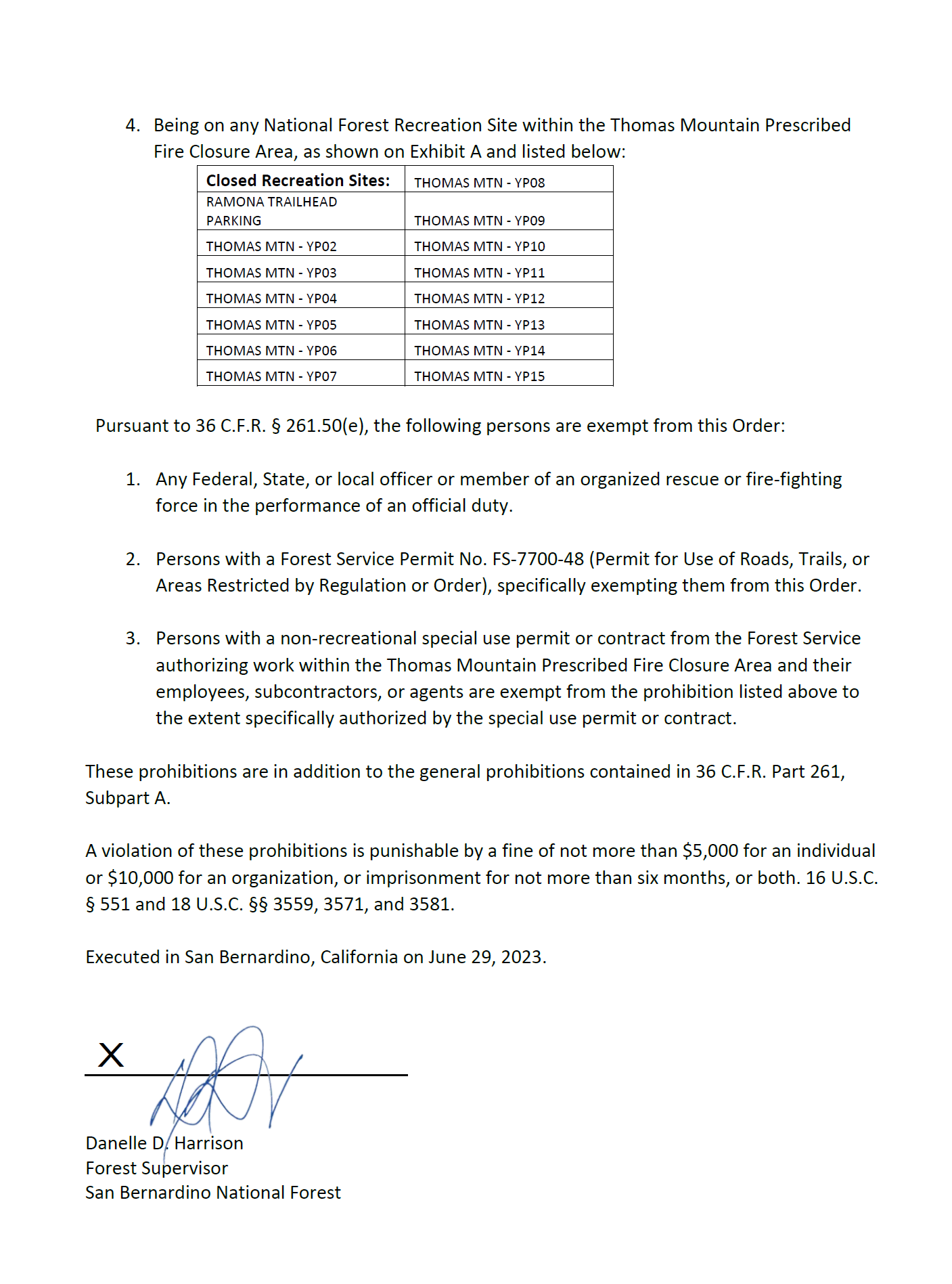 Forest Closure - Thomas Mtn Prescribed Burn Area 6/29/23