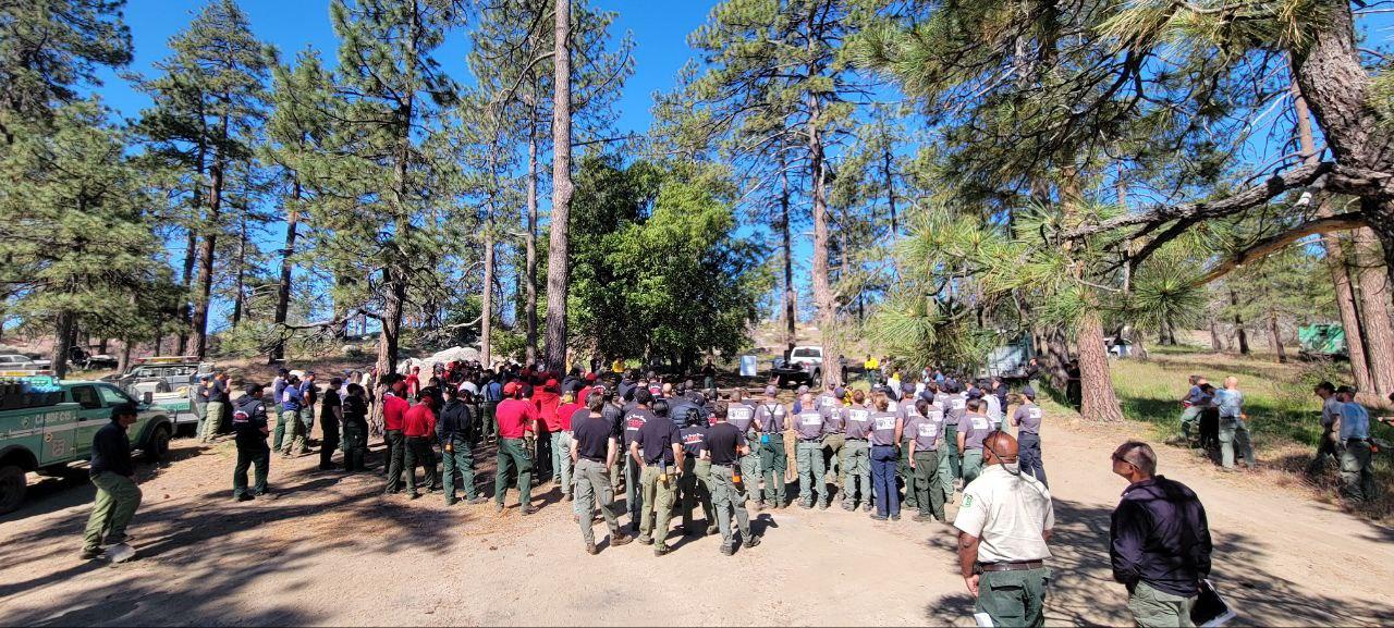 Firefighters gathered around for morning briefing on the Thomas Mountain Prescribed Burn - 6/15/23