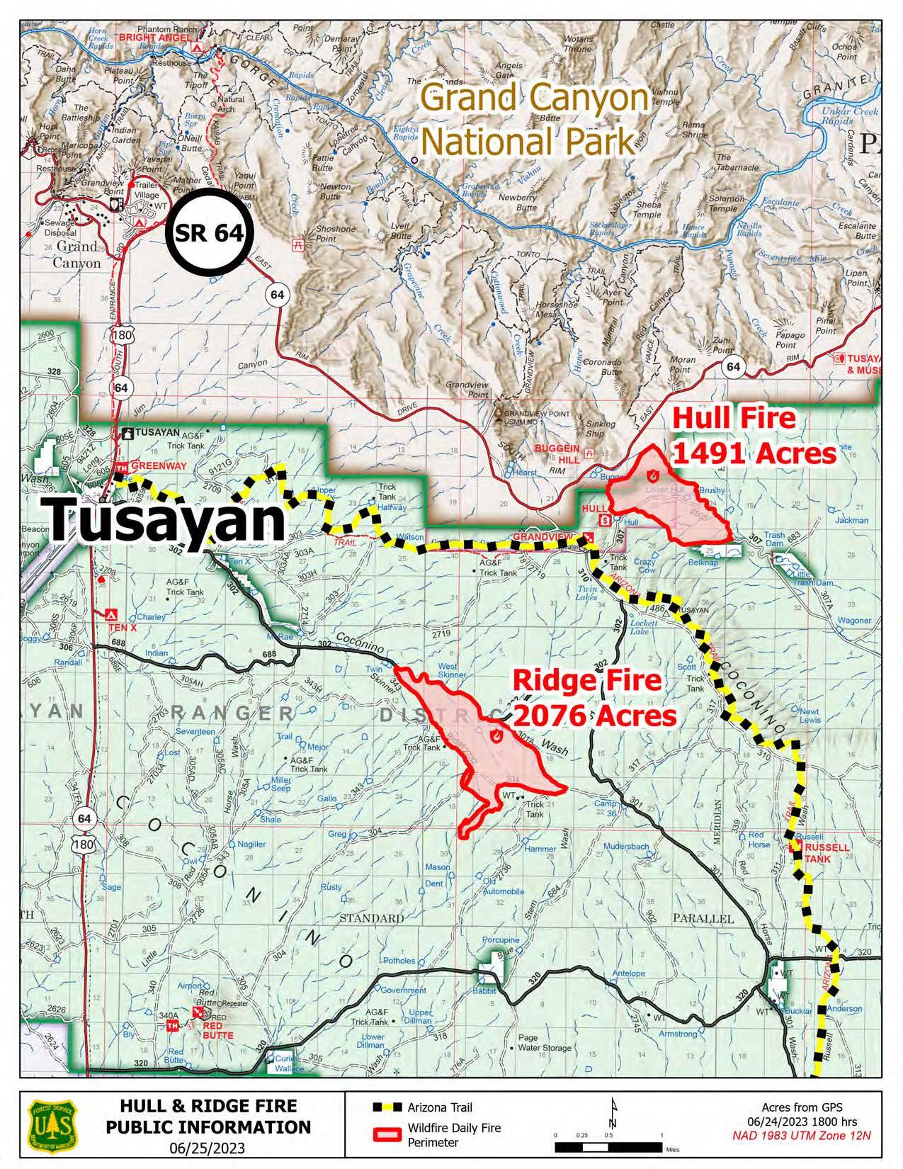 Map displaying the locations of the Hull Fire and Ridge Fire in relation to the town of Tusayan, Arizona.