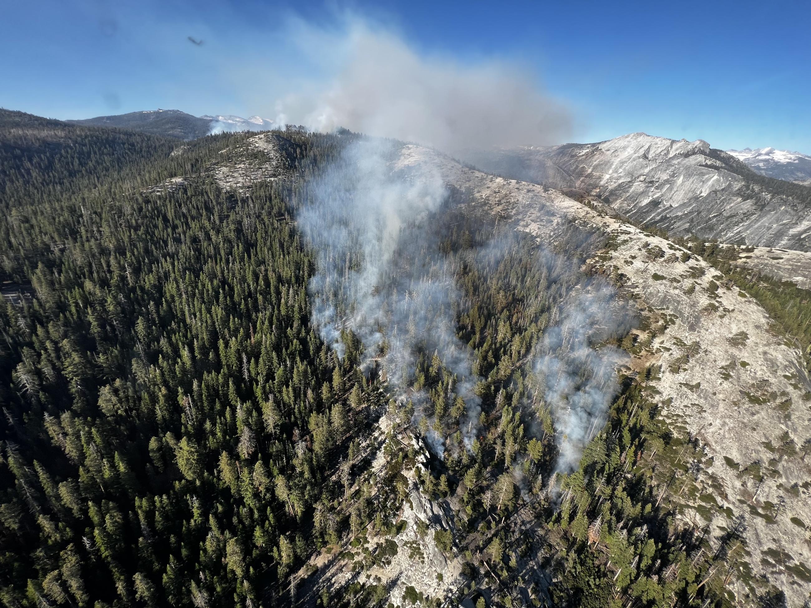 Aerial photo of a wooded area with smoke at the center.