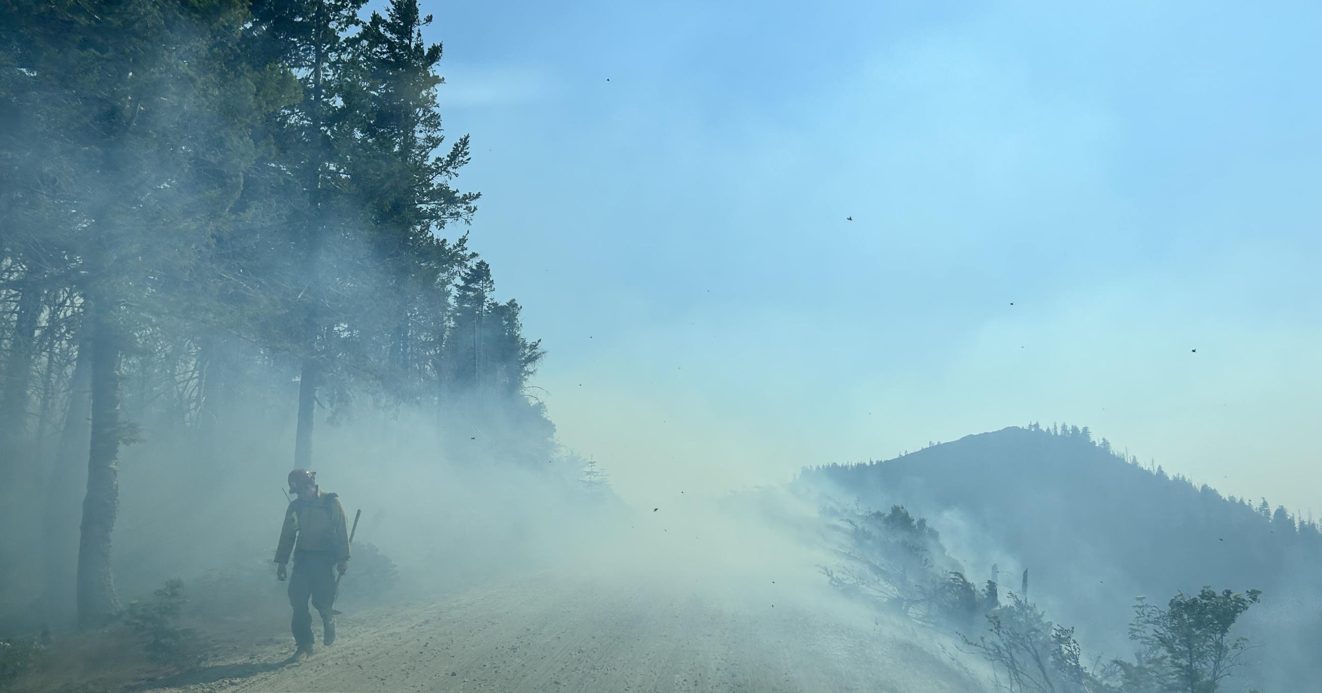 A firefighter walks through thick smoke during a firing operation