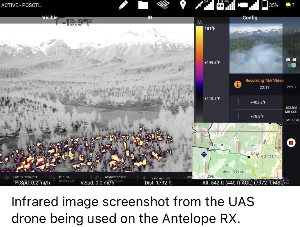 Image showing an Infrared image from the Unmanned Aircraft Systems (UAS) drone being used on the Antelope RX