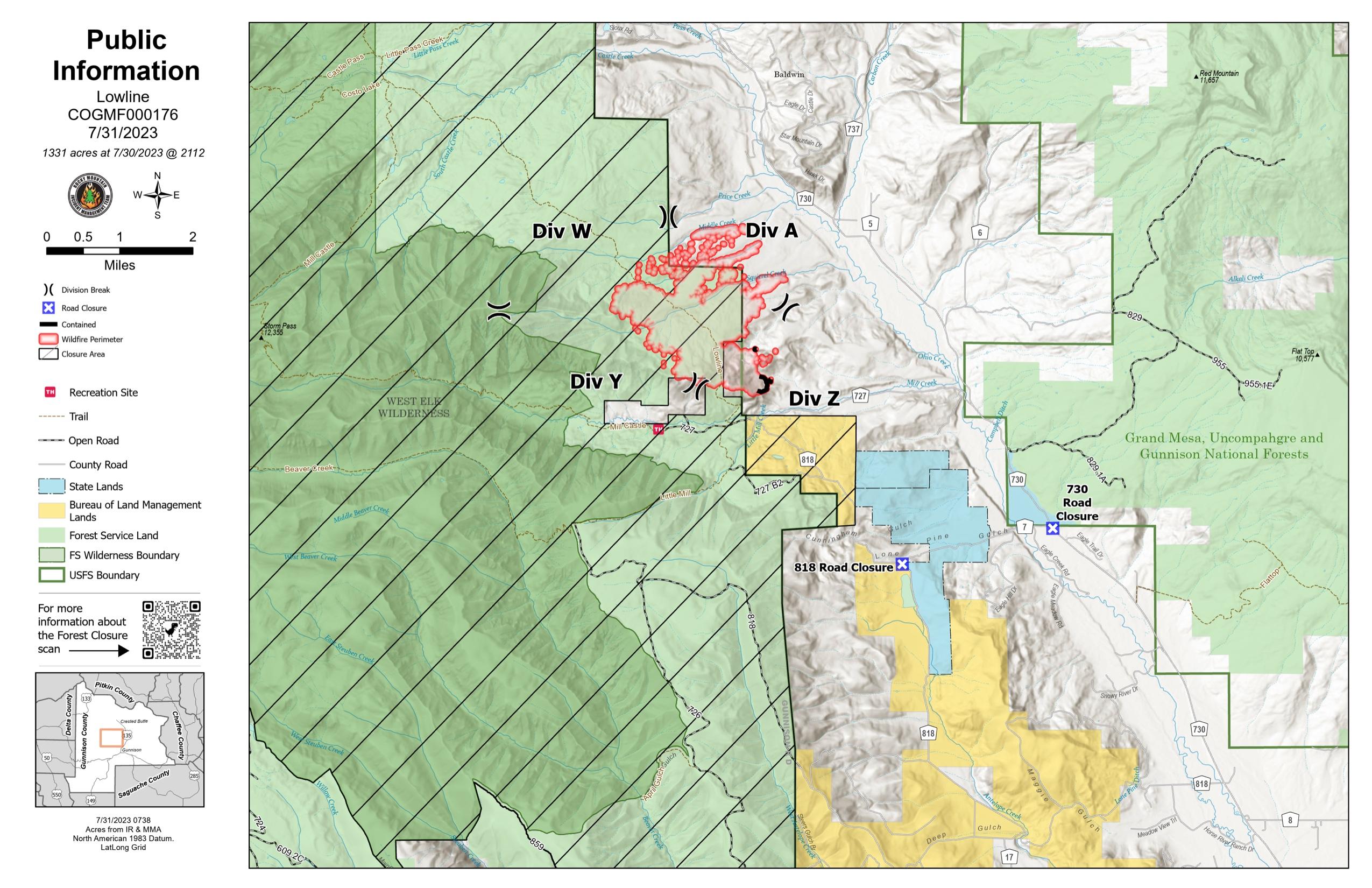 Forest Map showing Gunnison County area and the fire perimeter outlined in red for Saturday July 31 2023