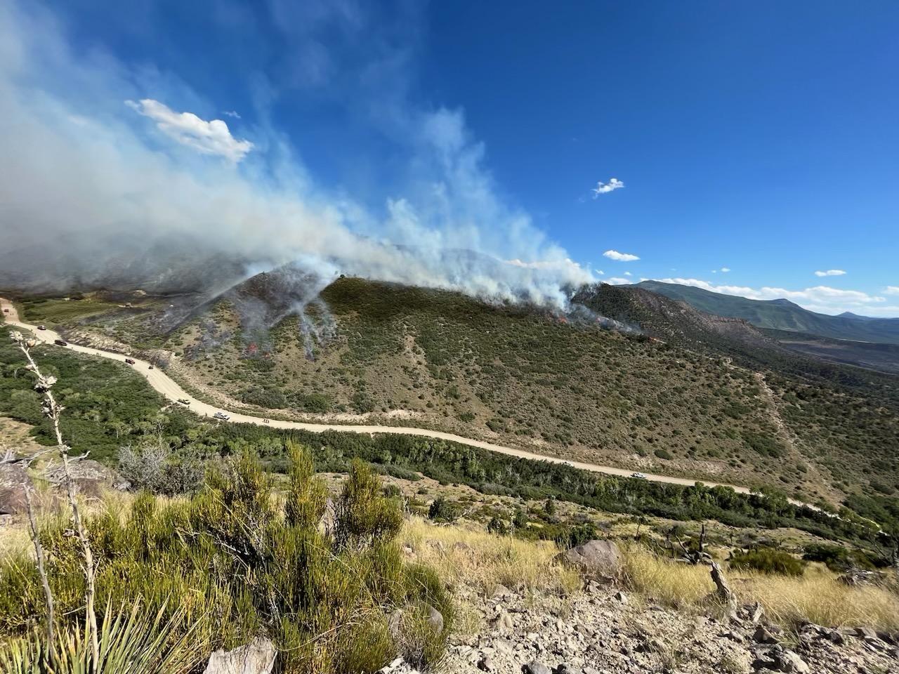 smoke and fire on slope above fireline, July 7