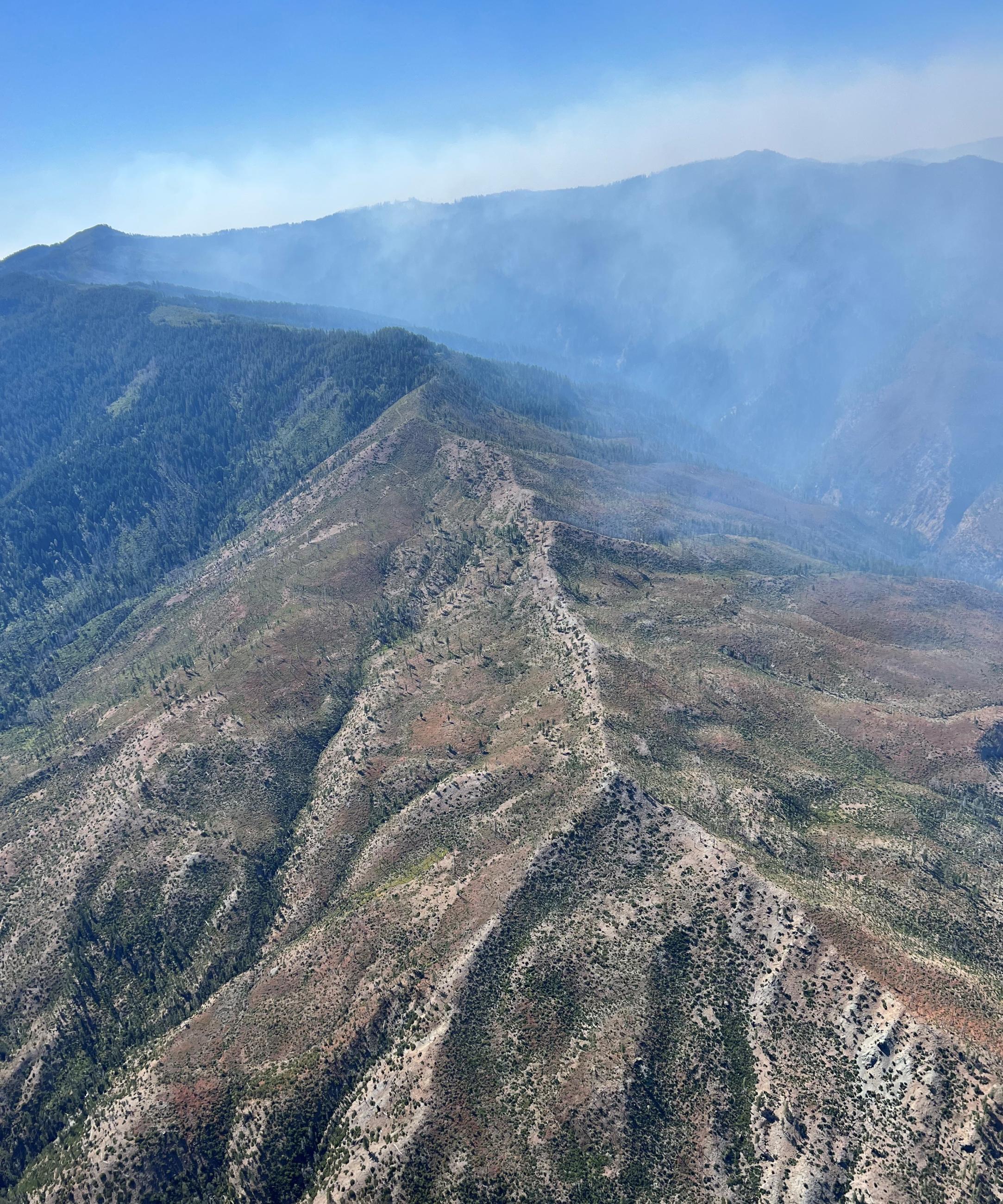 A fly over showing the landscape near the Flat Fire July 24, 2023