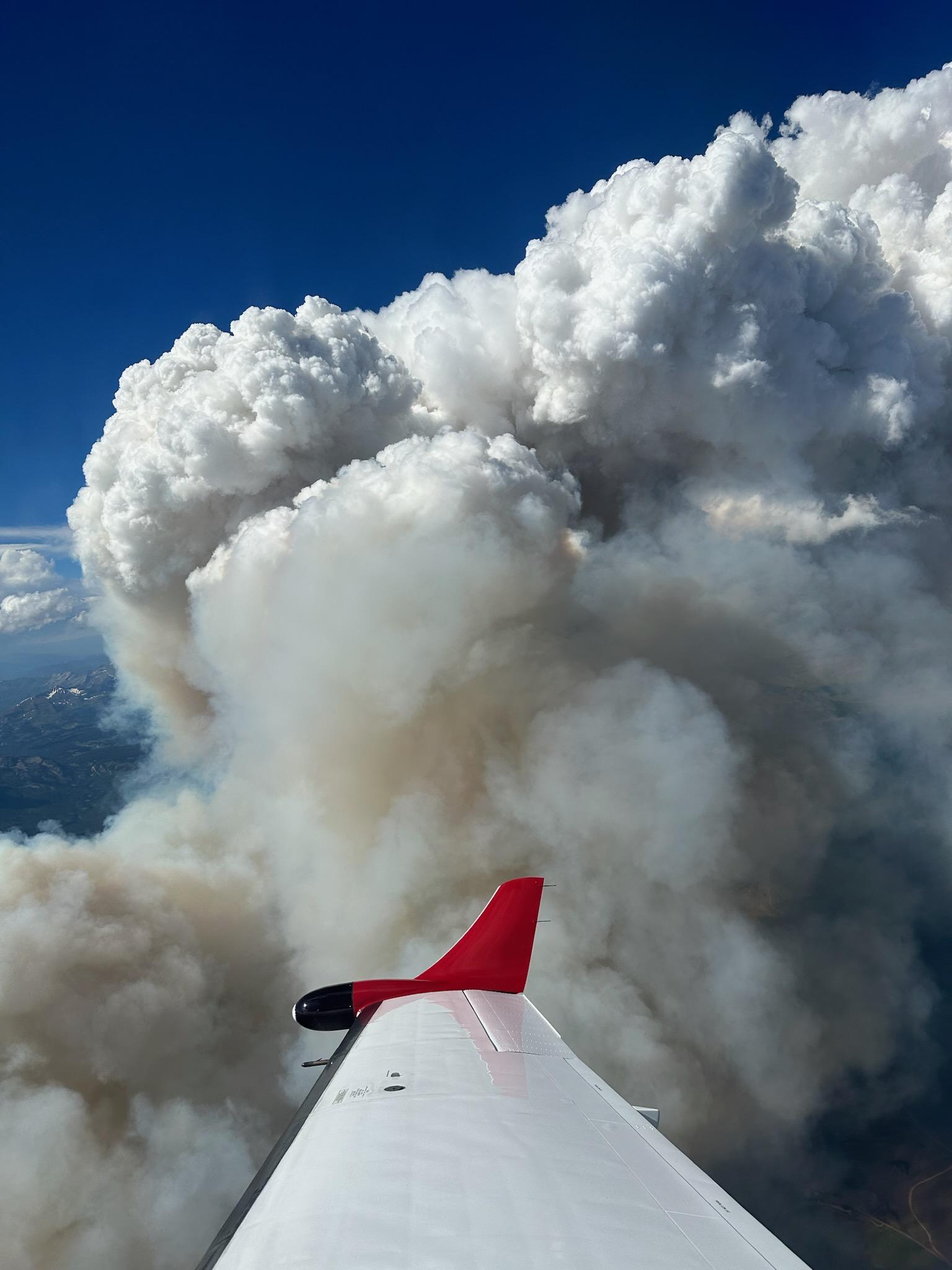 Aerial view of big puffy billowing white and smokey colored clouds against a vibrant blue sky coming up from the Lowline Fire.