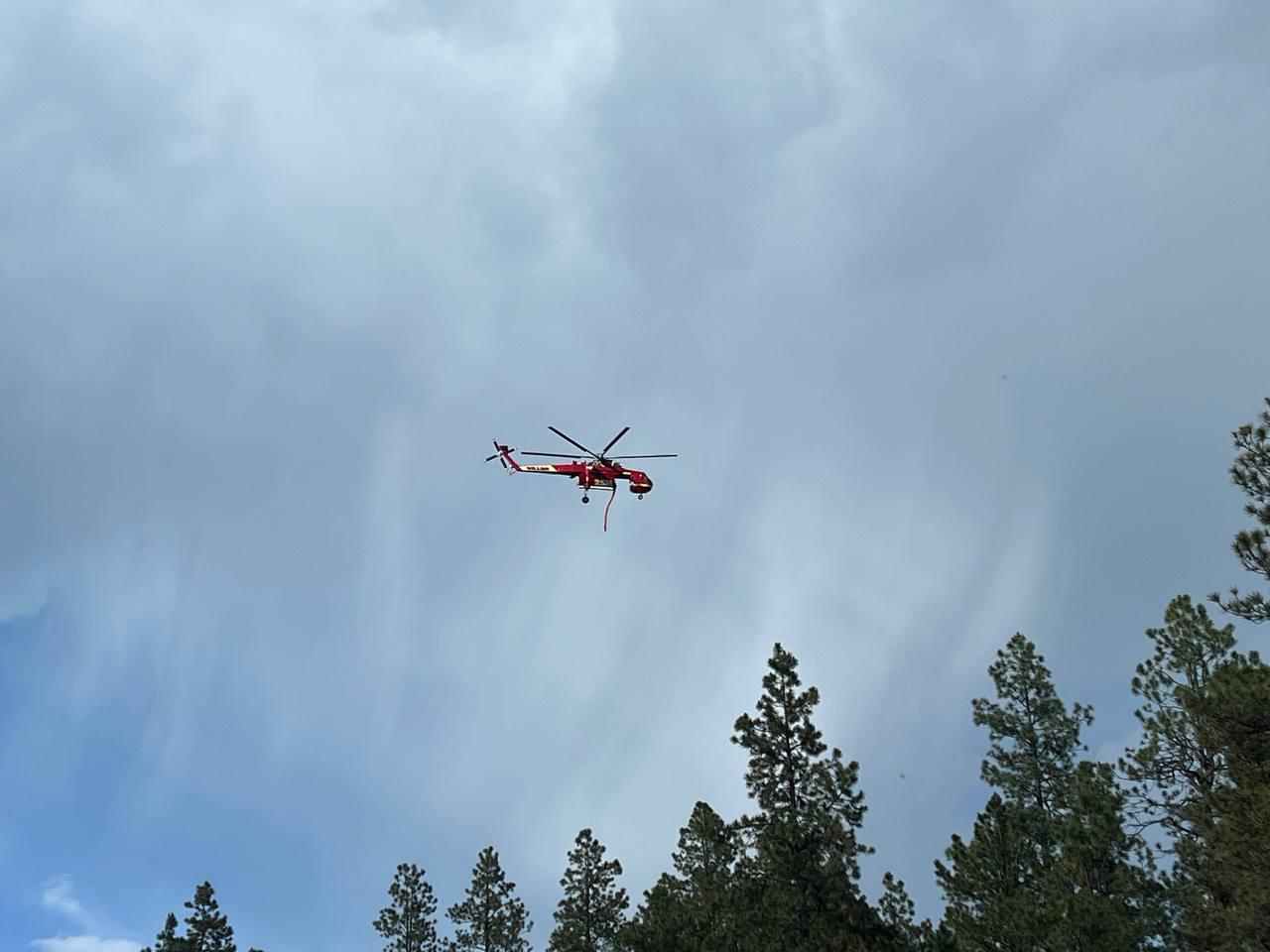 A type one helicopter, known as a sky crane, flies above the treetops against a cloudy sky.