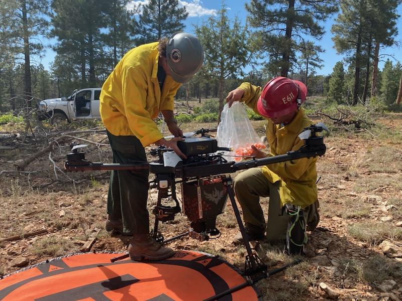 UAS (drone) operators load a hopper with "dragoneggs" for use with aerial ignitions on the Ridge Fire.