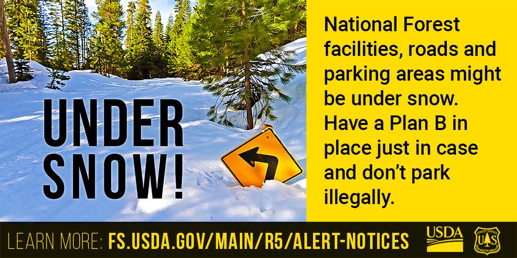 Graphic image showing a snow covered forest on the left side with a buried left turn road sign next to a text message on the right that reads "National Forest facilities, roads, and parking areas may be under snow. Have a Plan B just in case and do not park illegally."