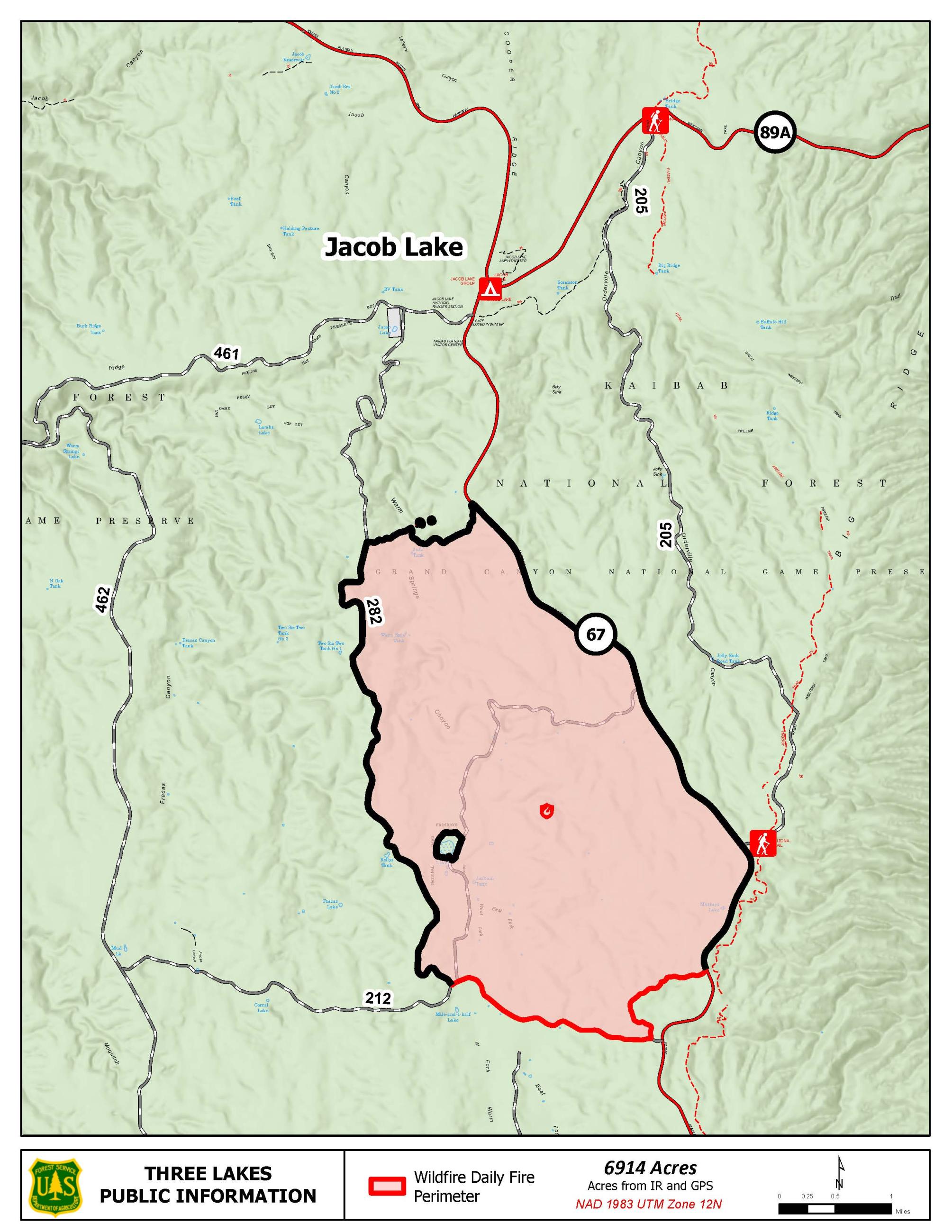 Map of the Three Lakes Fire area on 7/16.