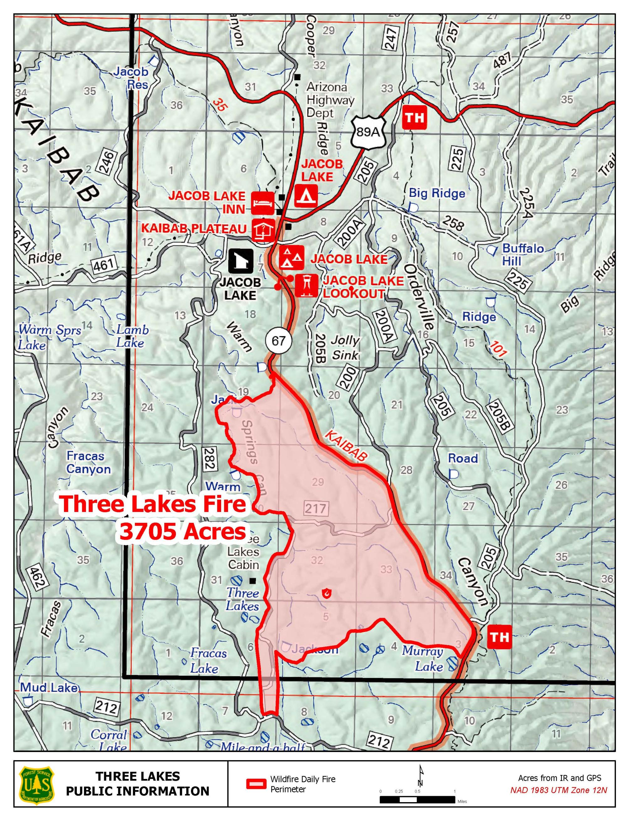 Map communicating the location of the Three Lakes Fire in relation to the Jacob Lake area.