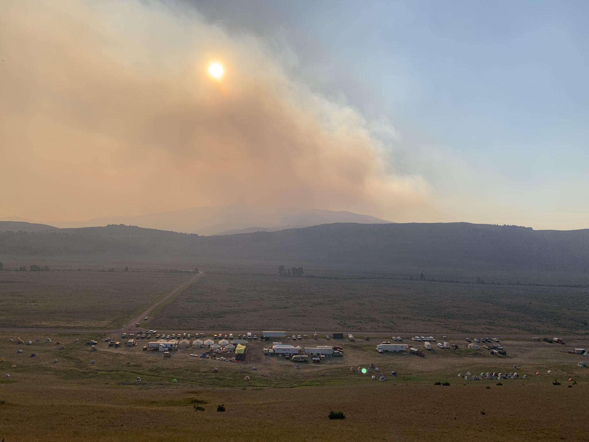 Evening View from a nearby hill of ICP at Bowles Creek Fire on August 16, 2023